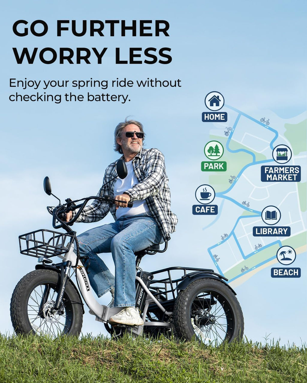 Skeri Electric Tricycle for Adults, 750W(Peak 1350W) Motor Etrike, 20'x4' Folding Fat Tire Electric Trike, 48V13Ah Battery, 3-Wheel Electric Bike, 20MPH, Front & Rear Basket & Differential