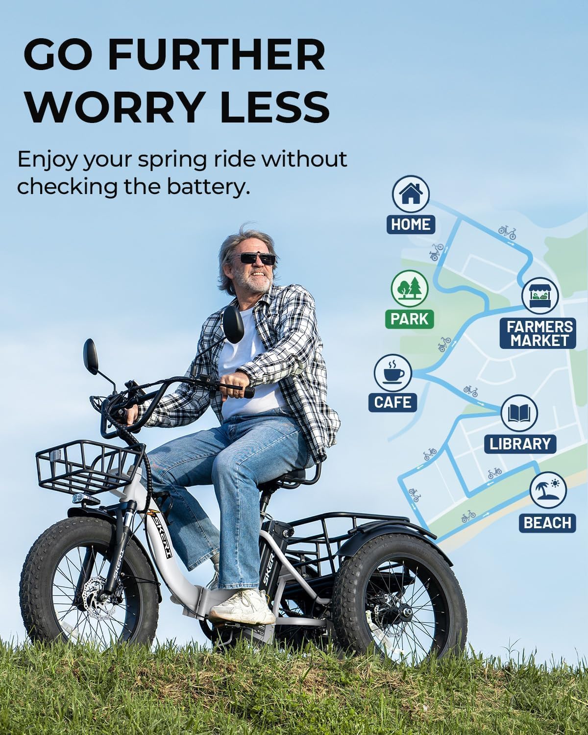 Skeri Electric Tricycle for Adults, 750W(Peak 1350W) Motor Etrike, 20'x4' Folding Fat Tire Electric Trike, 48V13Ah Battery, 3-Wheel Electric Bike, 20MPH, Front & Rear Basket & Differential