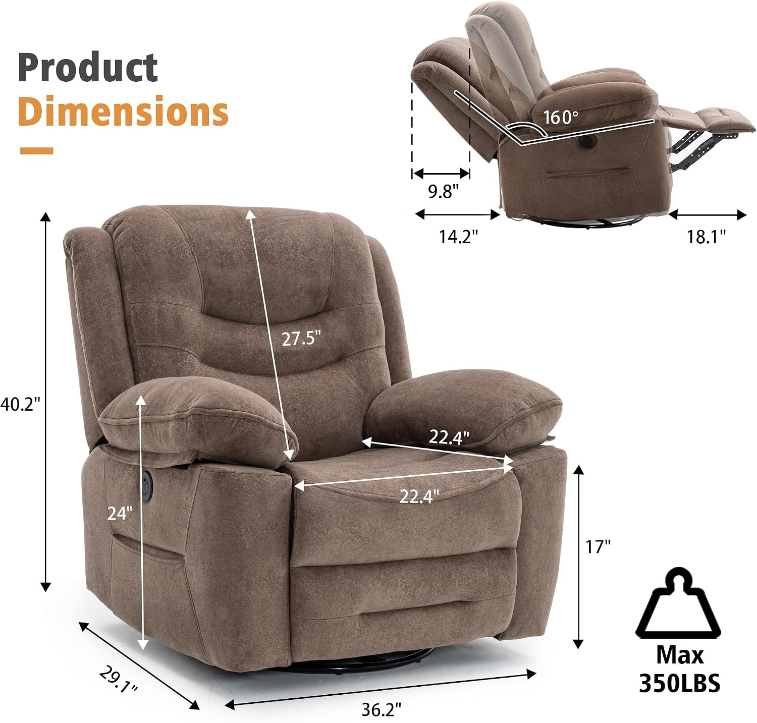 Ketaiyou Power Swivel Rocker Recliner with Massage and Heat, USB Port, Infinite Position, Oversized Electric Glider Rocking Chairs Living Room, Soft Fabric Reclining Sofa Chair(Mocha)