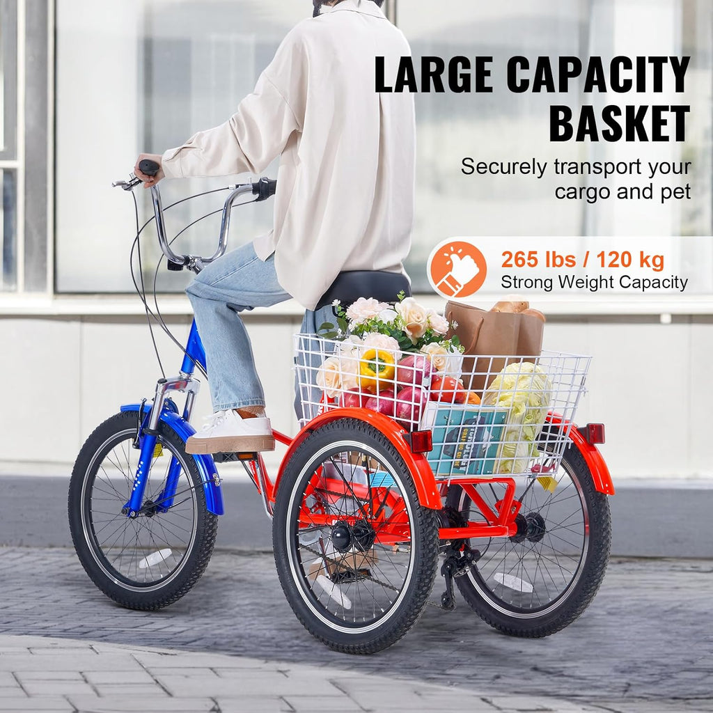 VEVOR Folding Adult Tricycle,Adult Folding Trikes, 3 Wheel Cruiser Bike with Large Basket & Adjustable Seat, Shopping Picnic Foldable Tricycles for Women, Men, Seniors