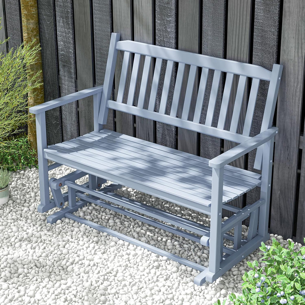 Tangkula 2 Person Outdoor Glider Bench, Poplar Wood Patio Swing Glider Loveseat with Armrests, Slatted Seat & Backrest, Porch Rocking Glider Bench for Backyard, Garden, Deck (Grey)
