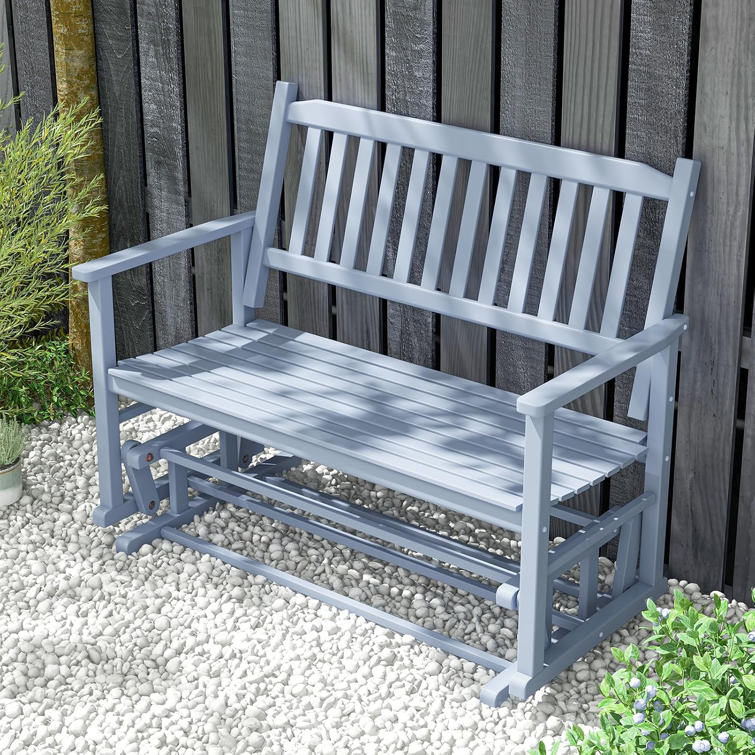 Tangkula 2 Person Outdoor Glider Bench, Poplar Wood Patio Swing Glider Loveseat with Armrests, Slatted Seat & Backrest, Porch Rocking Glider Bench for Backyard, Garden, Deck (Grey)