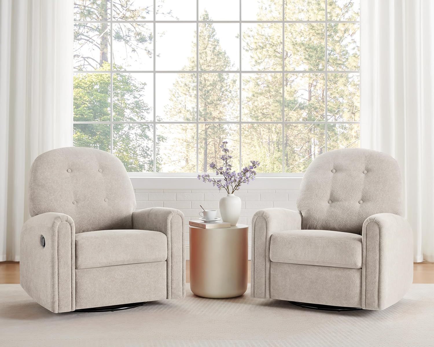 VANOMi 360 Swivel Rocker Recliner Chair, Nursery Rocking Chair with Tufted Backrest, Manual Recliner Chairs for Small Spaces, Upholstered Glider Nursing Chair for Living Room, Bedroom (Camel)
