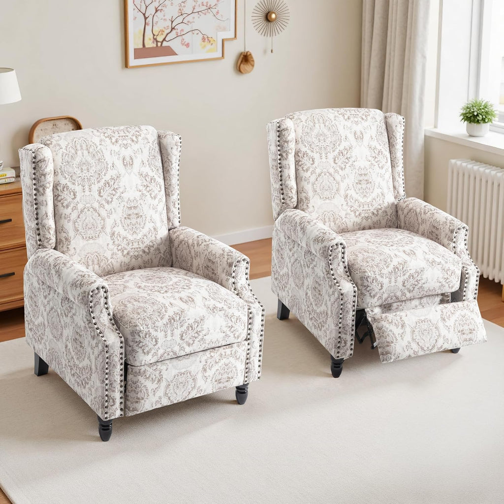 Wingback Recliner Chairs, Comfy Fabric Pushback Recliner Chair, Upholstered Armchair Push Back Recliner, Rivet Trim Single Sofa Accent Chair with Wood Legs for Living Room, Set of 2, Beige