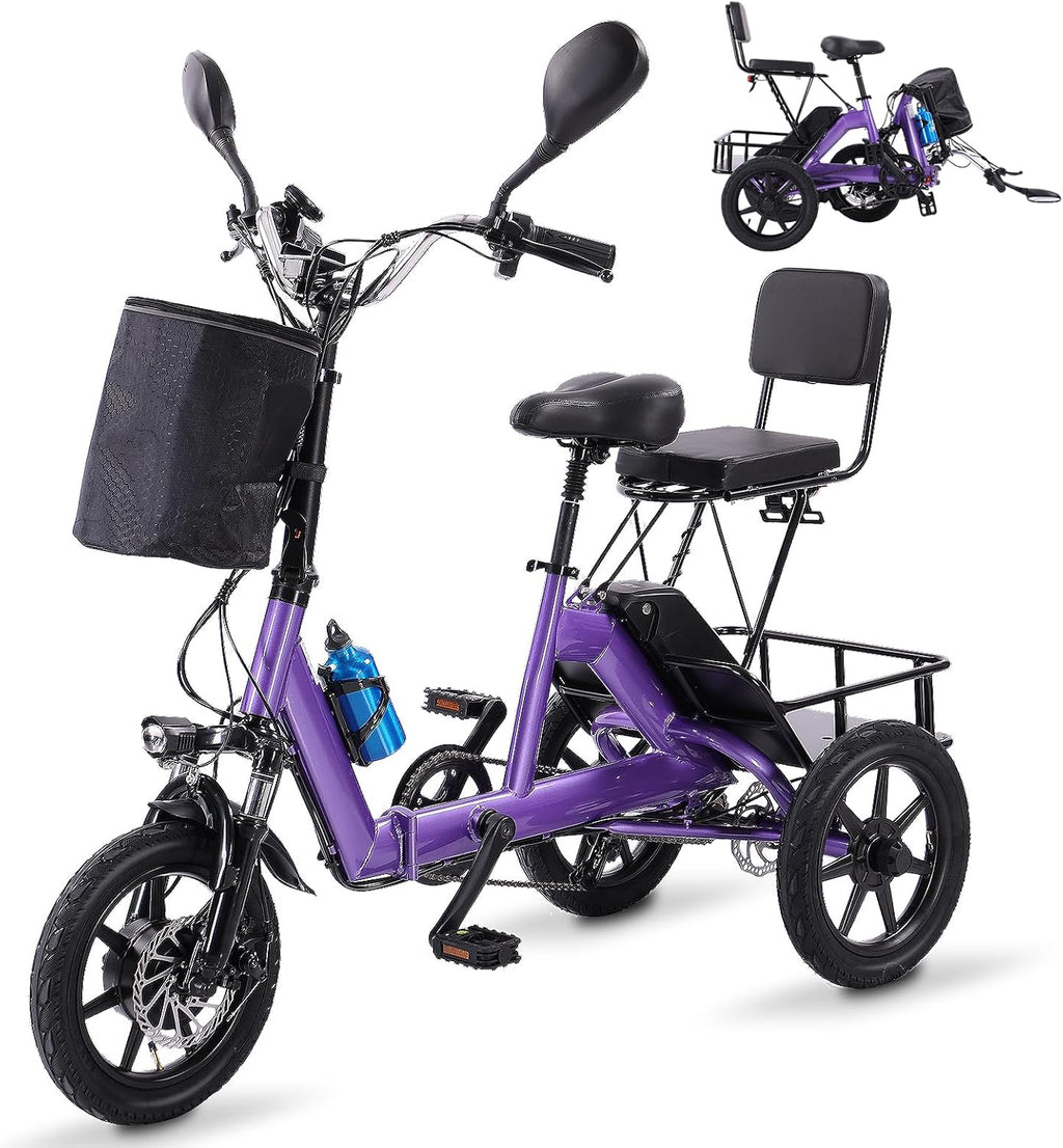 E Trike Electric Bike, 350W(Peak 500W) Brushless Motor Folding Trike, 2 Seats Ebike, 480Wh Removable Battery, Step-Thru 3 Wheel Electric Bicycle, Up to 45 Miles, Tricycle for Adults Parents