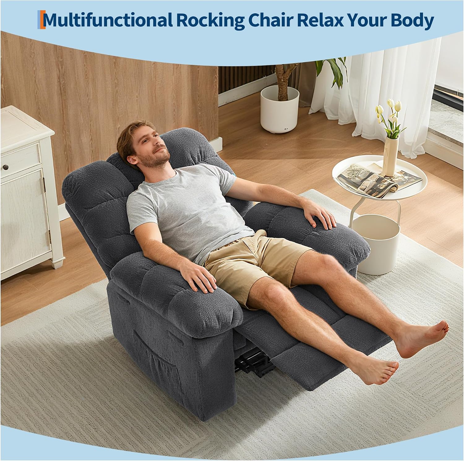 Manual Recliner Chair for Living Room, Overstuffed Fabric Reclining Sofa with Side Pockets, Ergonomic Upholstered Lazy Chair with Q235 Steel Frame for Adults (Gray)