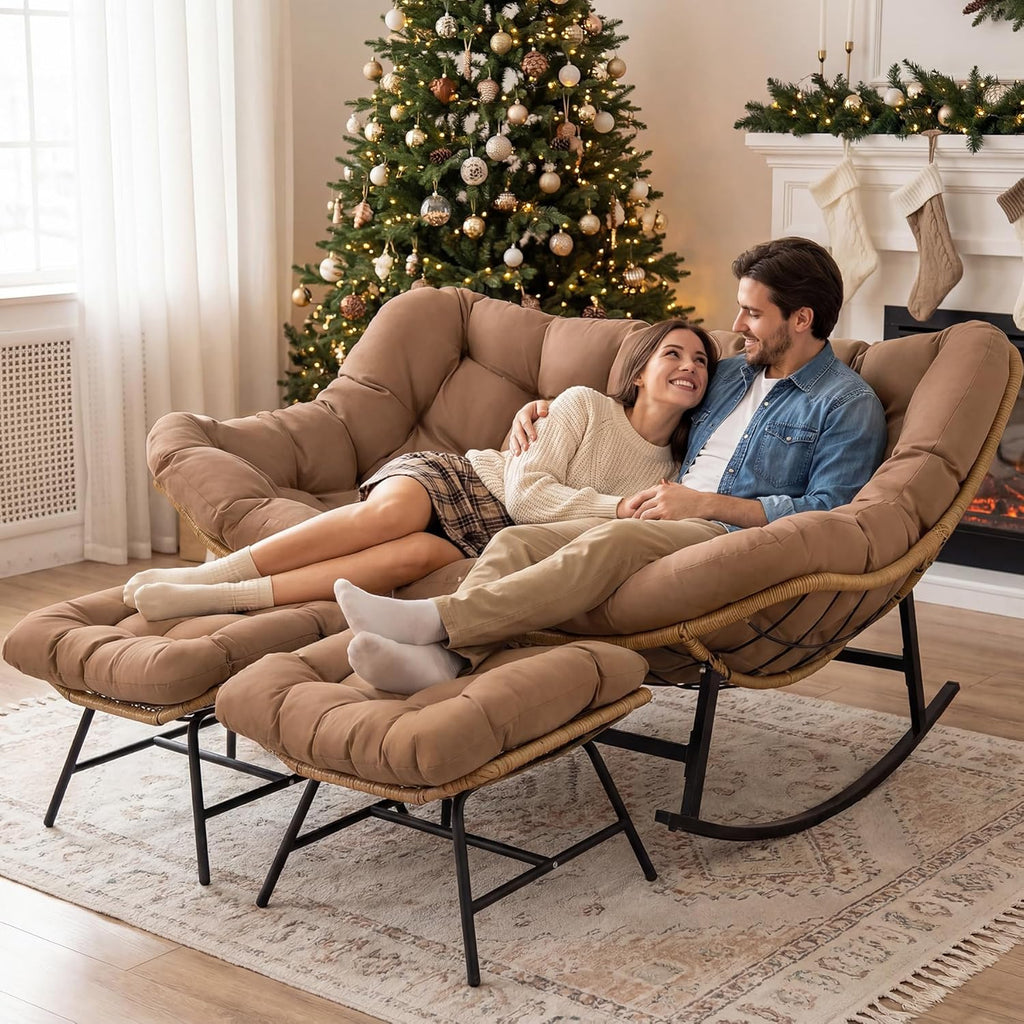 RADIATA Double Papasan Rocking Chair with Ottomans, Oversized Egg Rocking Chairs for 2, Large Wide Loveseat Recliner with Comfy Cushion for Indoor Outdoor Patio Garden, Brown