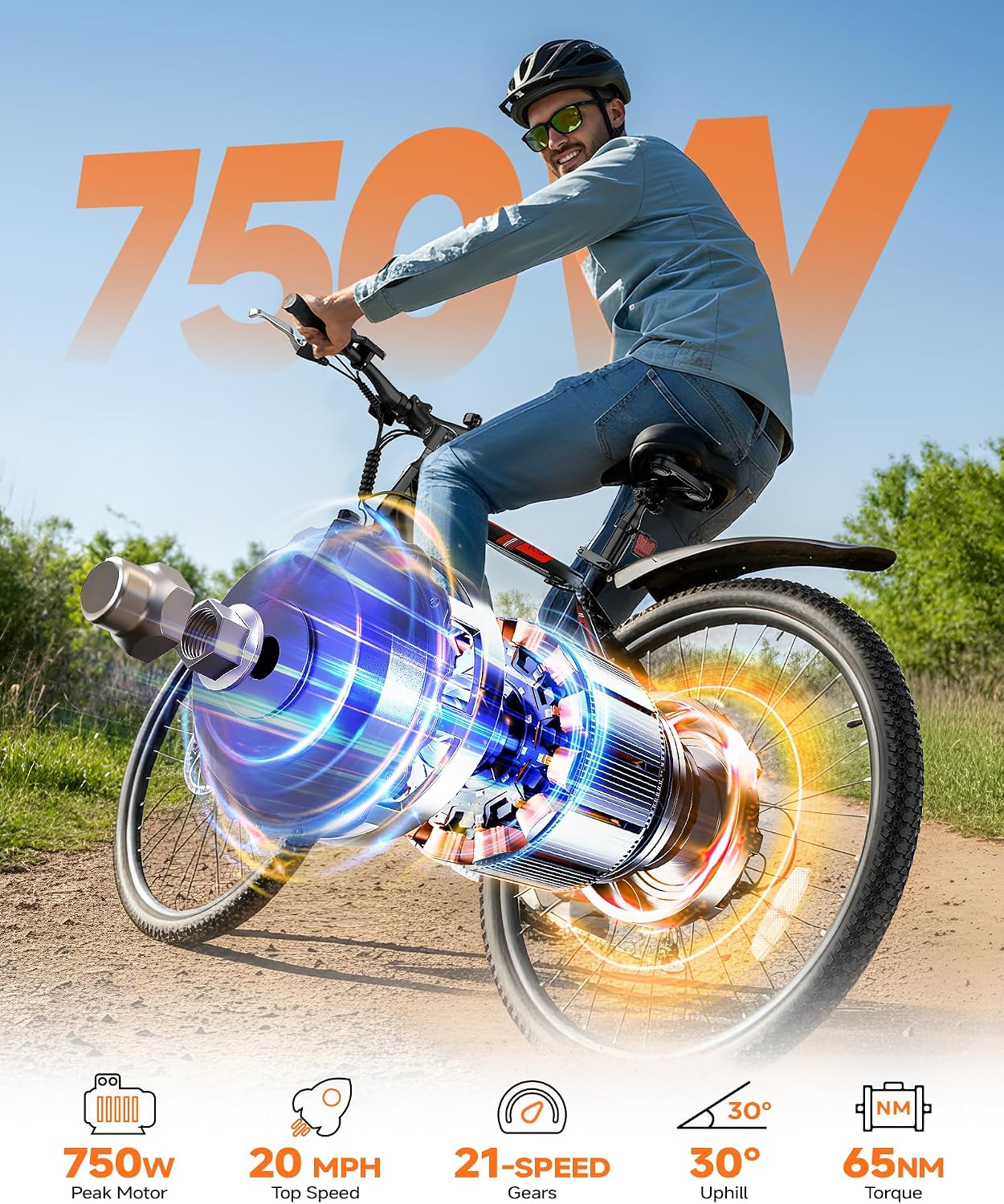 QNUT Electric Bike, Peak 1000W 28MPH 21-Speed Ebike, 36V 10.4Ah Removable Battery Up to 45 Miles, 26' Aluminum Frame, UL 2849 Certified, White Blue