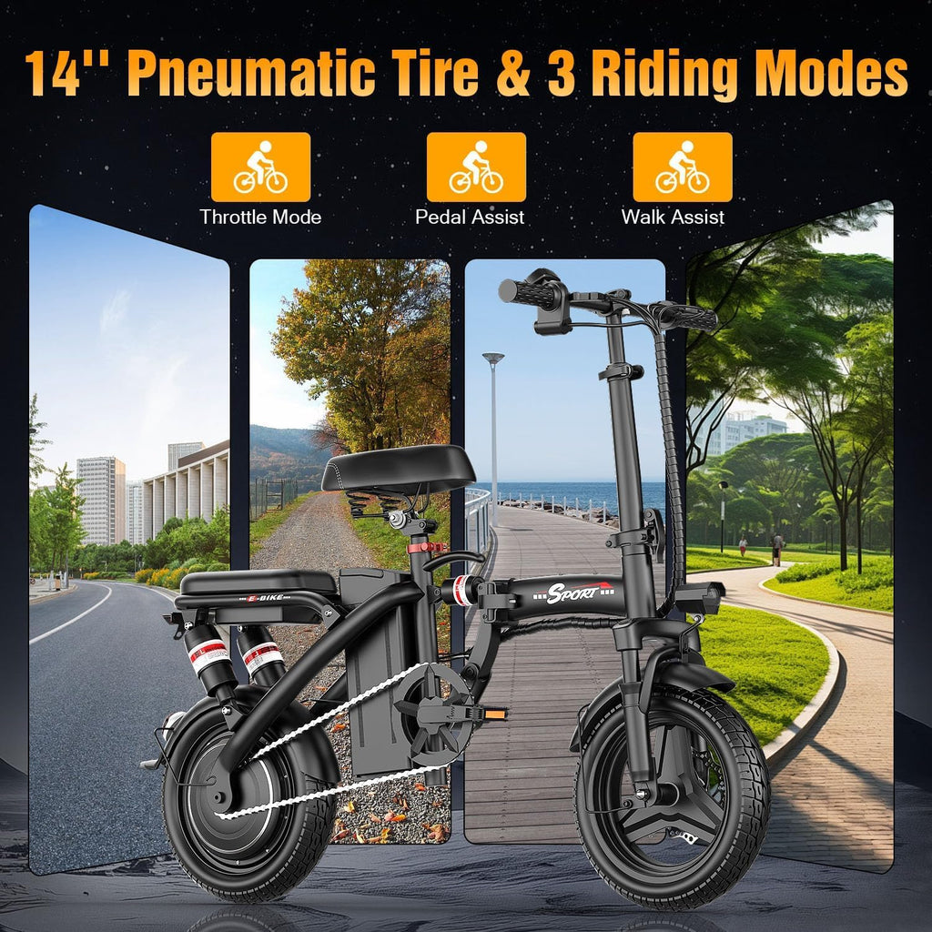 AZHAR Foldable Electric Bike for Adults Teens, 1200W Peak Motor, Up to 25 MPH, 45 Miles PAS Range, Dual Suspension, 14' Tires, 3-Speed Modes, Compact & Portable Electric Mini Bike, Commuting Ebike