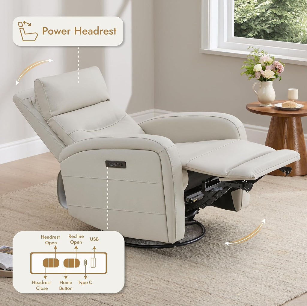 Watson & Whitely Swivel Recliner with Power Headrest, Recliner Chairs for Adults, Small Glider Rocker for Living Room, Faux Leather in Cream