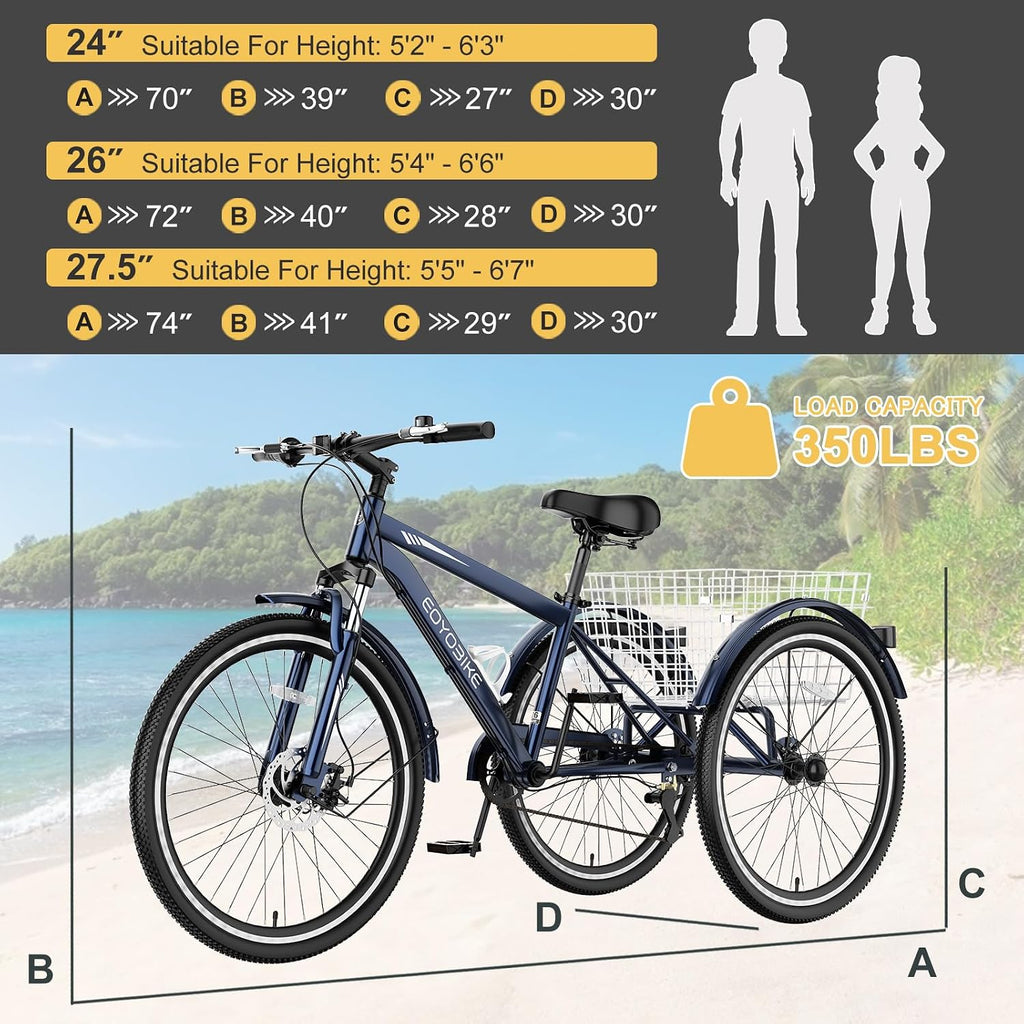 NAIZEA Adult Mountain Tricycle, 7 Speed Three Wheel Cruiser Bike, 27.5 Inch Adults Trikes with Shopping Basket, Exercise Men's Women's Tricycles, Multiple Colors