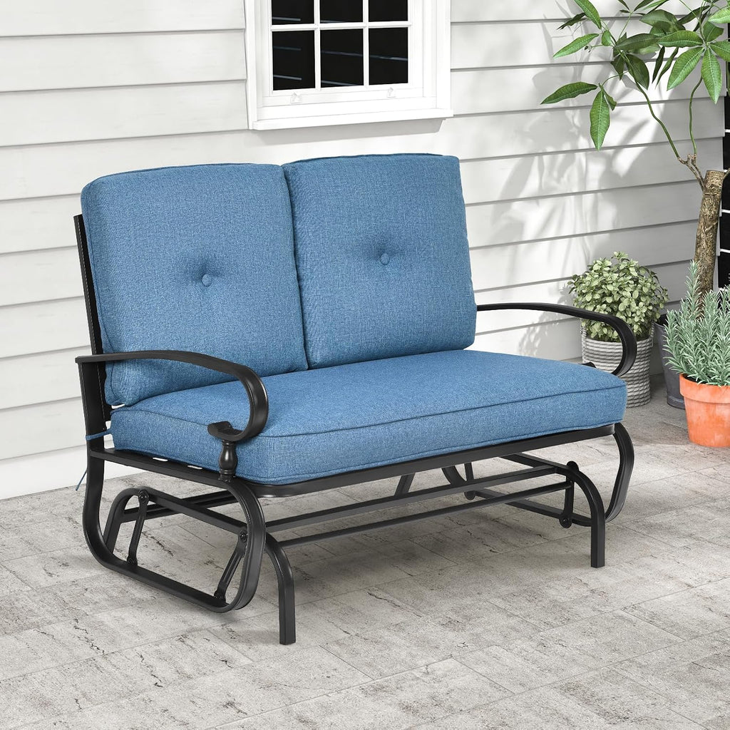 Tangkula Outdoor Swing Glider Chair, Patio Glider Bench for 2 Persons, Outdoor Rocking Loveseat with Steel Frame & Comfortable Cushions for Garden, Porch, Balcony, Poolside (Blue)