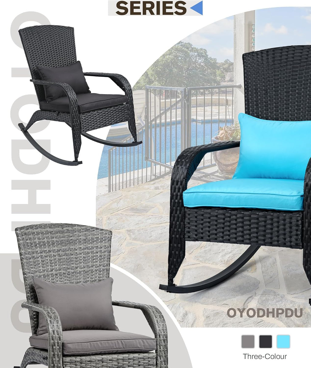 Outdoor Rocking Chair, Patio Rattan Rocker Chair with Cushions & Steel Frame, All Weather Porch Rocking Chair for Garden, Porch, Backyard, Poolside (Black Rattan & Teal Cushion, 320lbs)