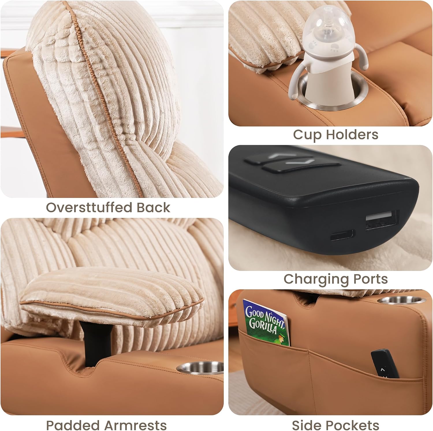 SUNWAVE Power Nursery Rocking Chair with Adjustable Armrests, Nursing Chair with USB, Cup Holders, Swivel Rocker Recliner with Corduroy and PU Leather Fabric