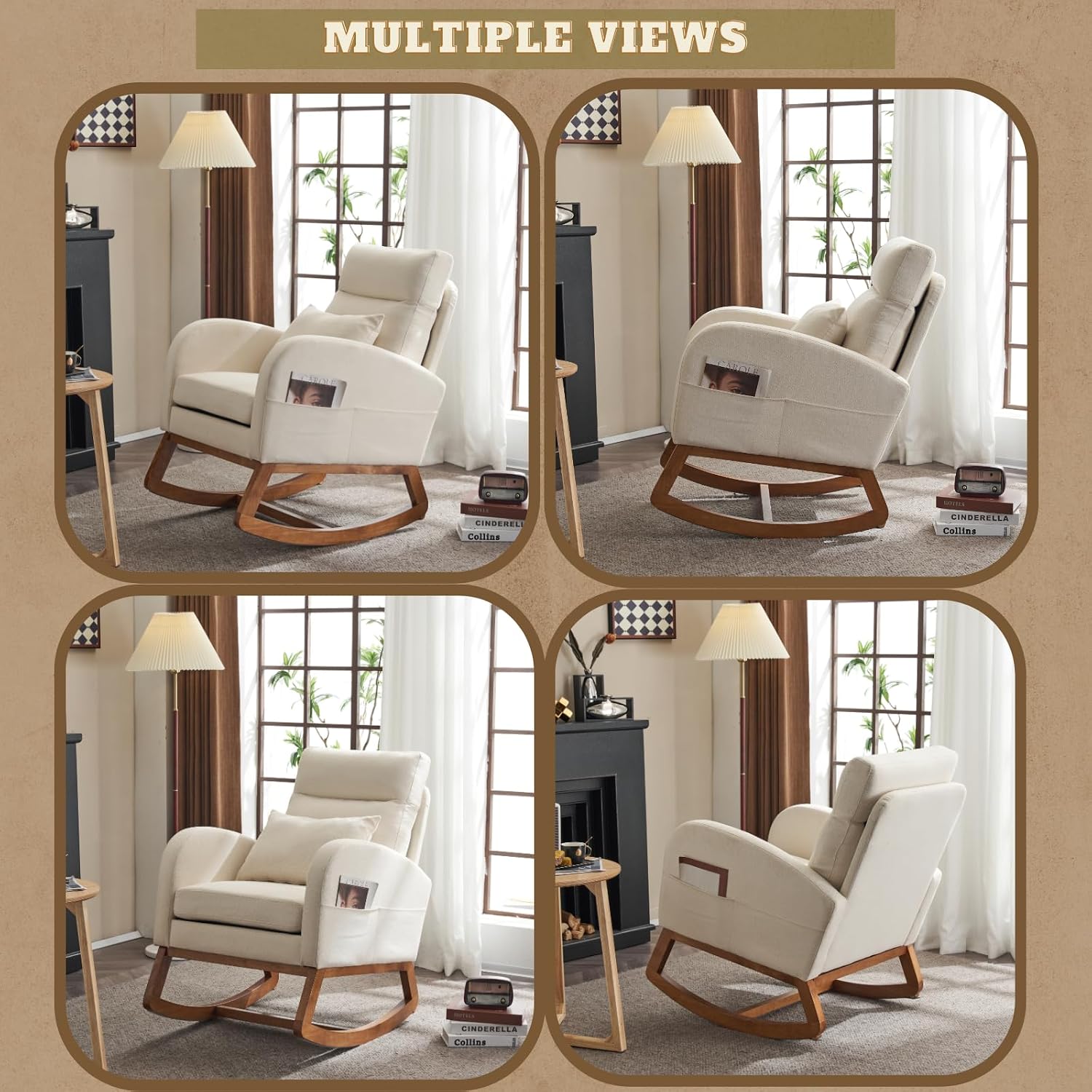 VINGLI Beige Linen Rocking Chair Nursery with Thick Headrest, Upholstered Mid-Century Modern Nursing Rocker Glider with Curved Armrest, Sturdy Solid Wood Base for Living Room, Bedroom, Baby Room