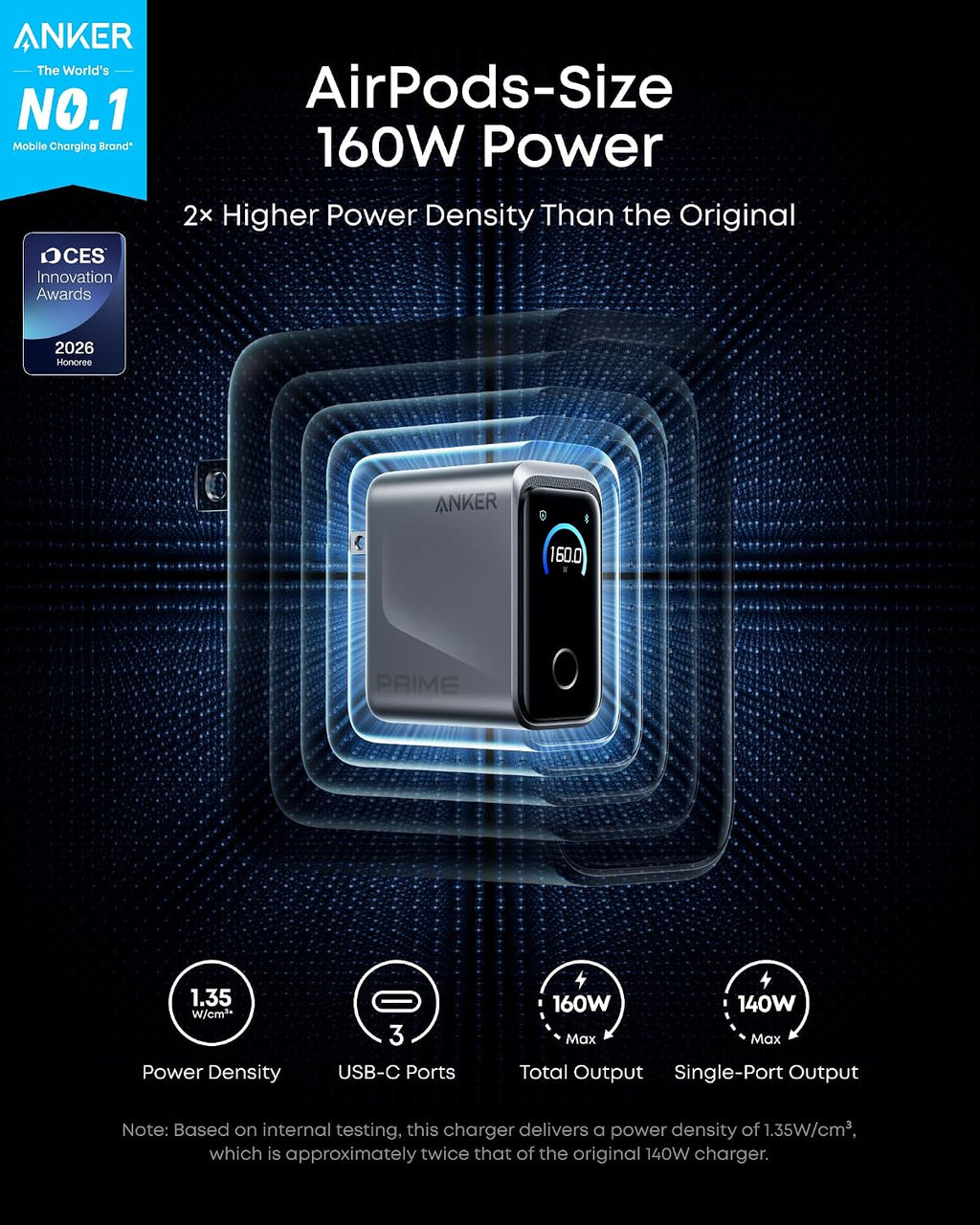 Anker Prime Charger,160W 3-Port Compact GaN USB C Charger,Smart Display and Touch Control,Up to 140W Single‑Port Fast Charging,for MacBook Pro,Laptop,iPhone 17 Series(Cable Not Included,Non-Battery)