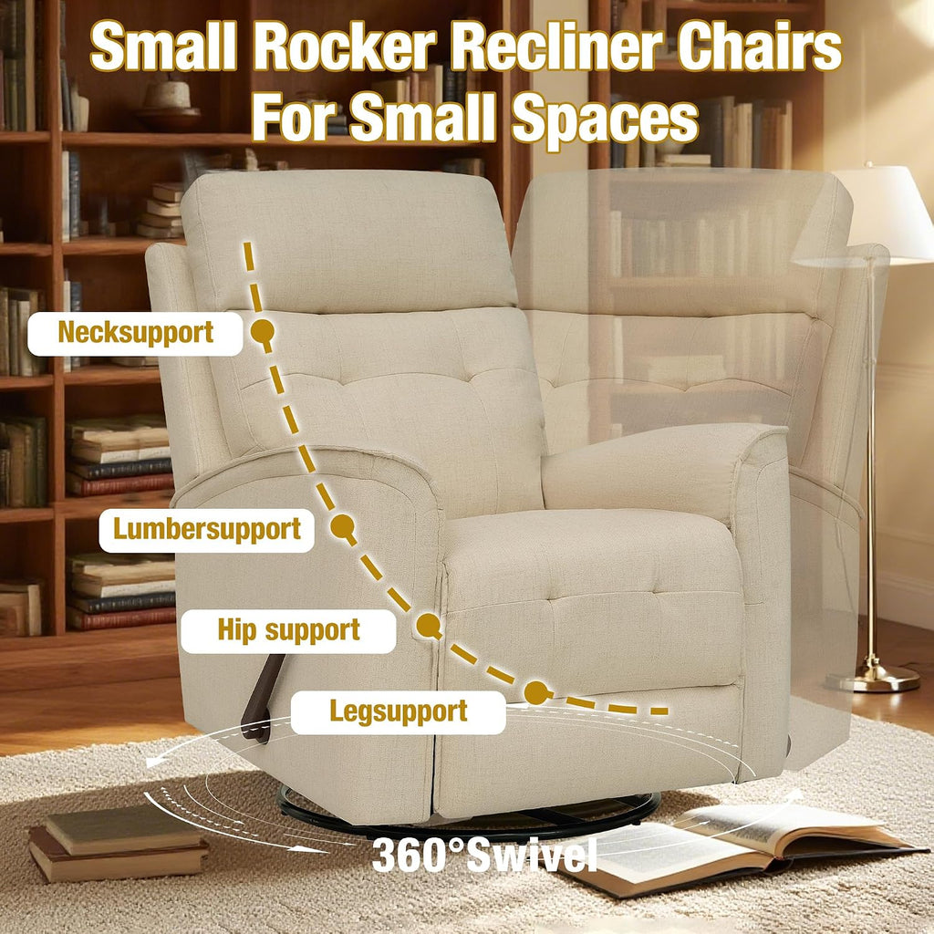 Swivel Rocker Recliner Chair for Adults, Rocking Chair, Small Swivel Recliner for Small Spaces, Living Room, Bedroom, RV(Beige)