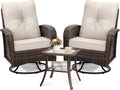 wildformers Luxury Outdoor Swivel Wicker Glider Patio Chairs with Table Set, Overstuffed Washable Cushions, Ideal for Porch, Balcony, Deck, Brown Rattan and Beige Cushion