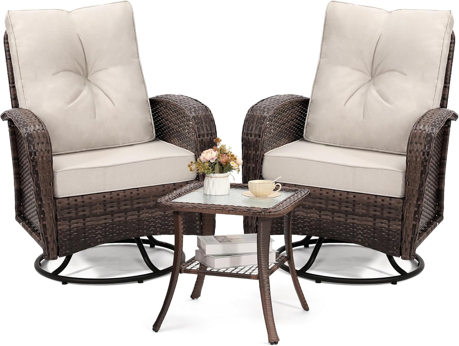 wildformers Luxury Outdoor Swivel Wicker Glider Patio Chairs with Table Set, Overstuffed Washable Cushions, Ideal for Porch, Balcony, Deck, Brown Rattan and Beige Cushion