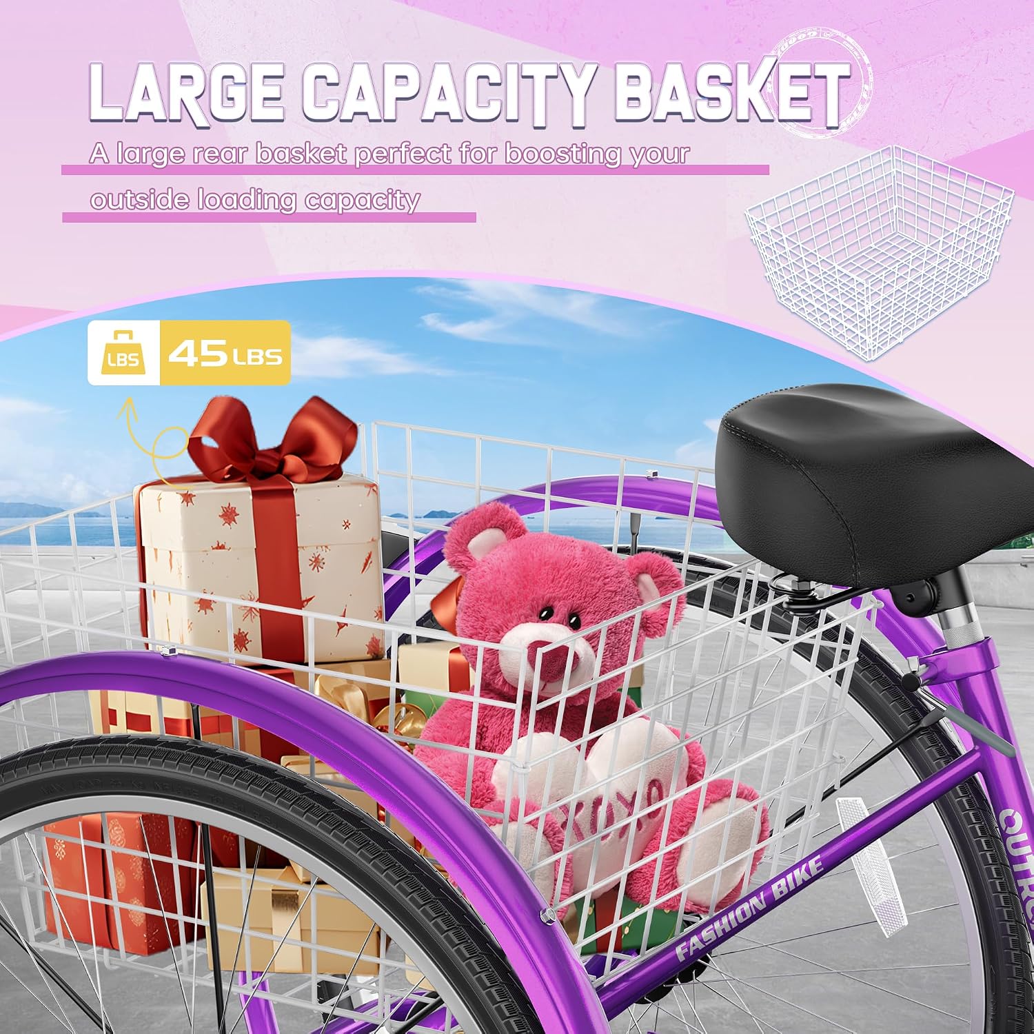 1 Speed Adult Tricycle, 3 Wheel Bikes with Large Basket, Cruiser Bike for Women/Men/Seniors, Adult Trike for Outdoor/Shopping/Recreation/Picnic(24Inch Purple)