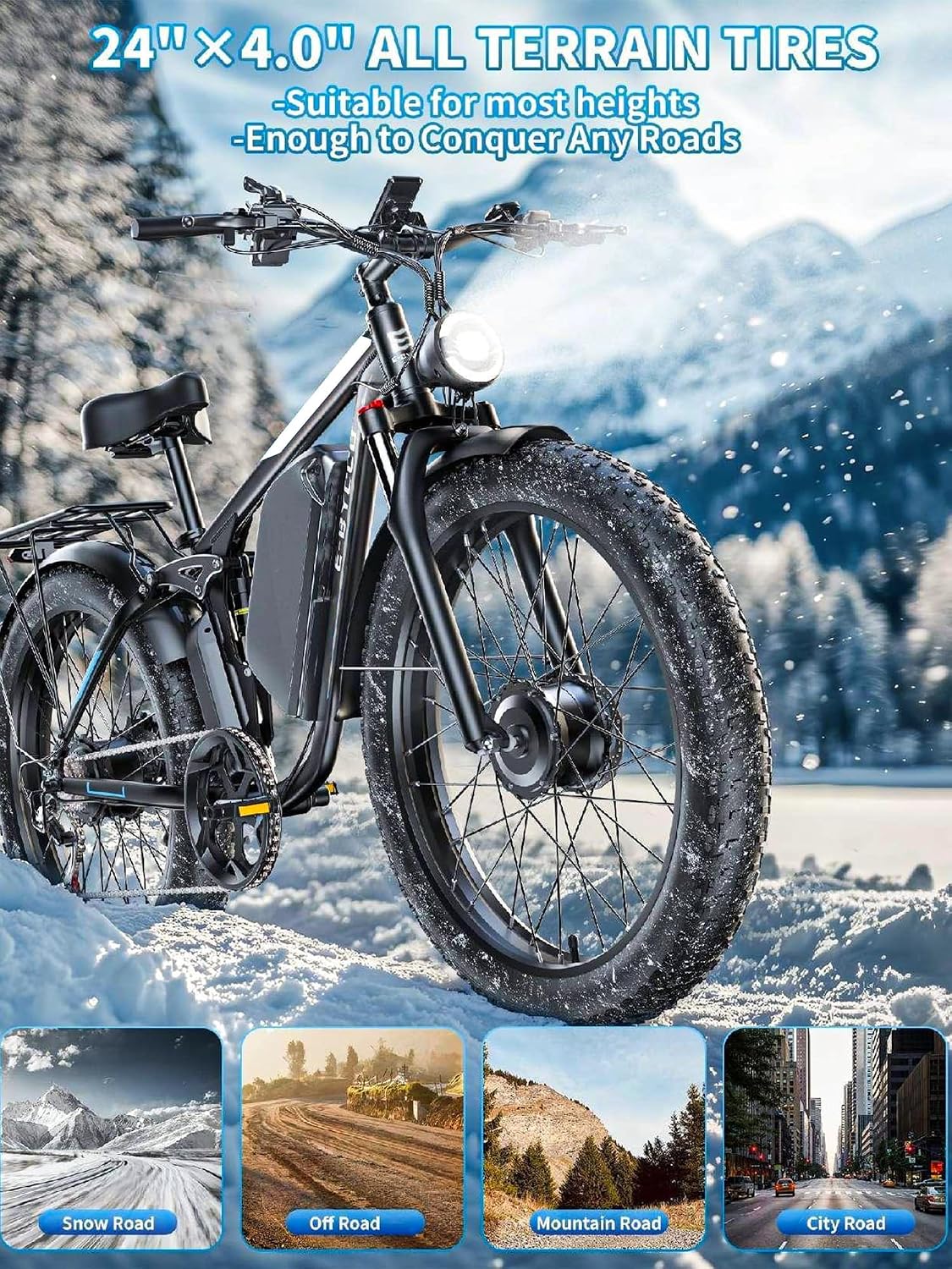 6000W Peak Electric Bike for Adults, 52V 32AH Dual Motor E-Bike, Up to 90Mile & 45 M P H All-Terrain Fat Tires Full Suspension 24/26 Inch Electric Bicycles Hydraulic Disc Brake for Road UL2849 by SGS