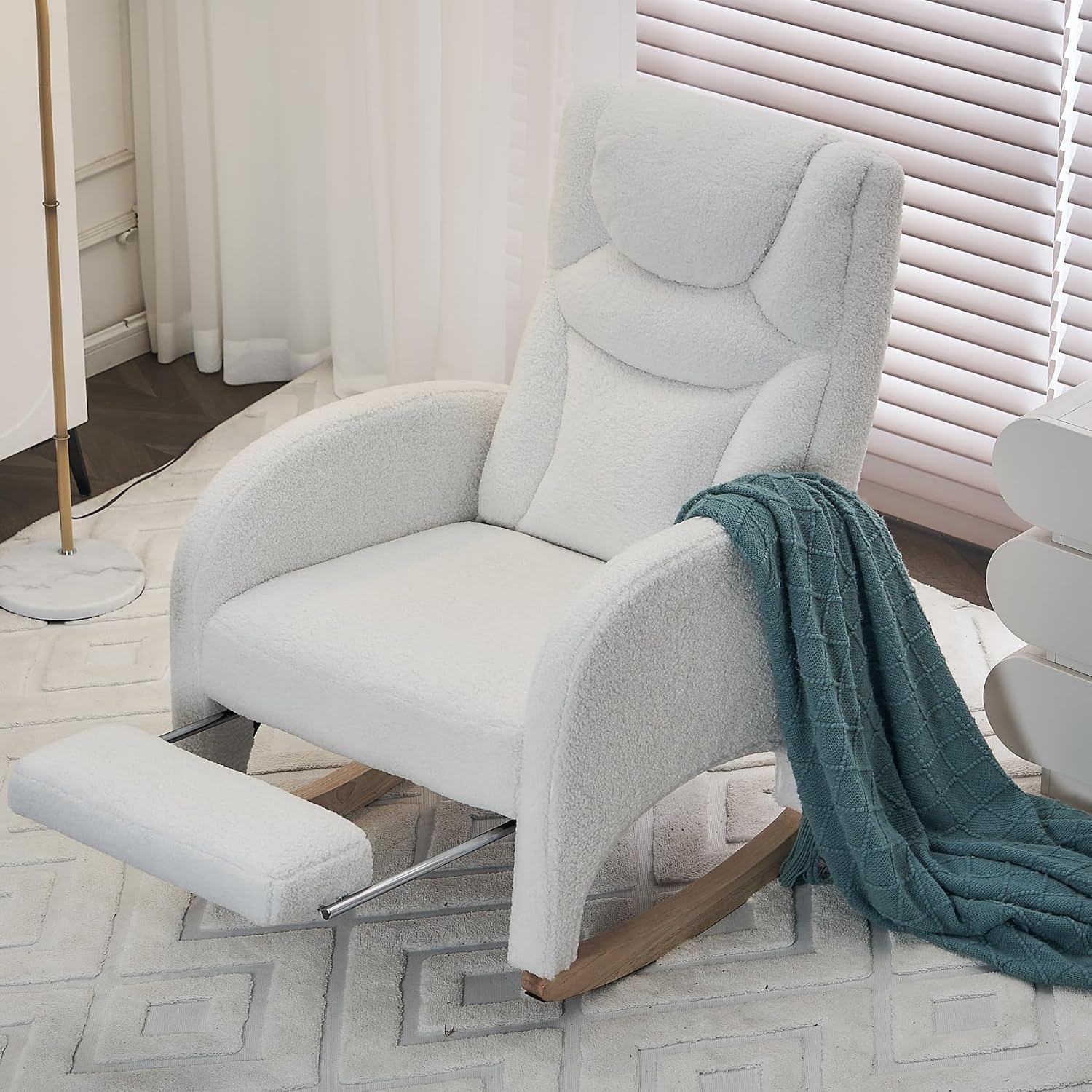 Rocking Chair with Foot Rest, Nursery Glider Teddy Gliding Rocking Chair with Retractable Footrest Rubber Wood Legs Side Pocket High Back & Wide Seat Nursing Chair for Living Room (Ivroy)