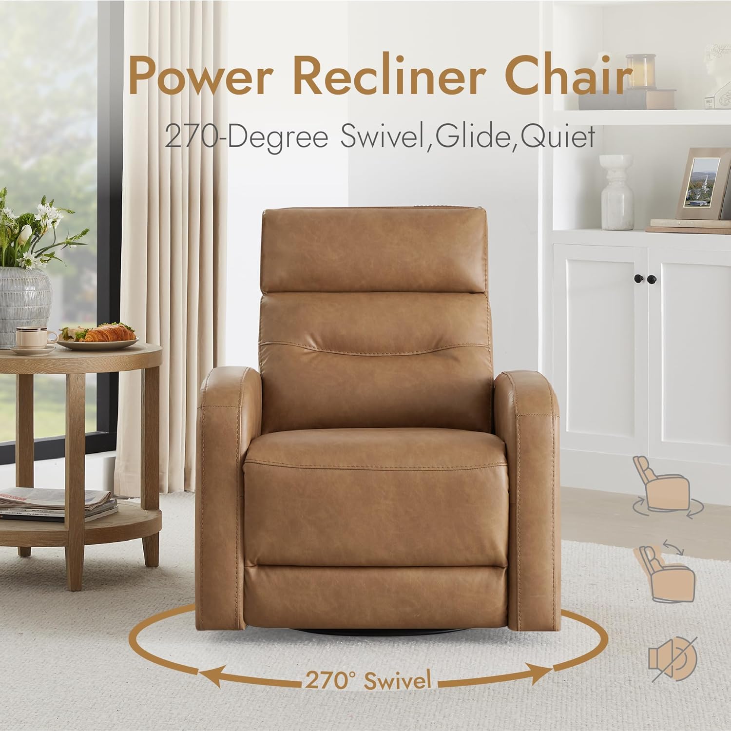 Watson & Whitely Swivel Power Recliner Glider Rocker, Small Recliner with Charging Port for Living Room, Faux Leather in Camel