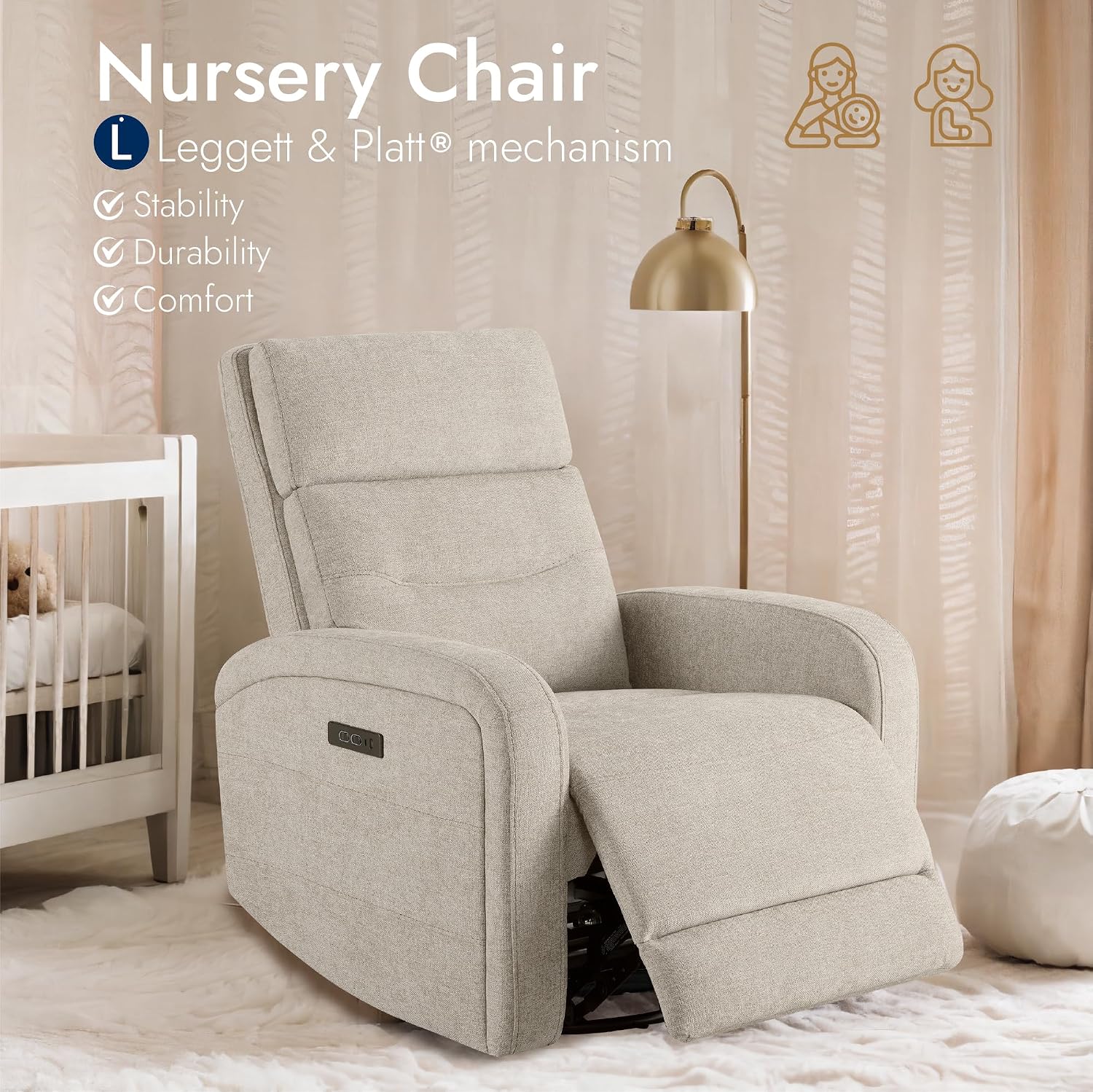 Watson & Whitely Swivel Power Recliner with Adjustable Headrest, Recliner Chairs for Adults, Small Glider Rocker for Living Room, Fabric in Khaki