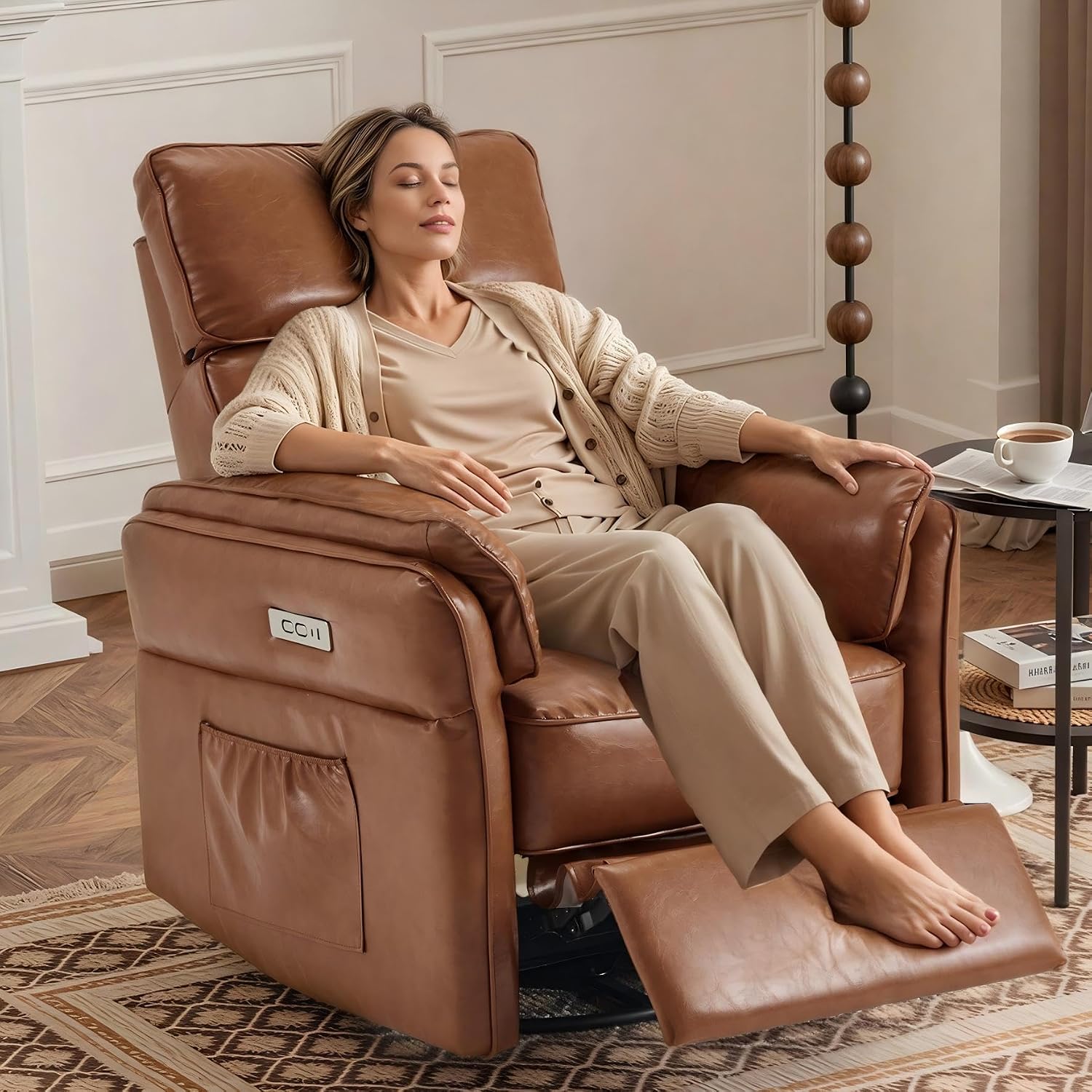 Power Recliner Rocking Chair Nursery Gliders with Adjustable Armrests and Headrest, Swivel Electric Glider Reclining Nursing Chair with USB Port and Storage Bags, FSC Certified (Leather, Brown)