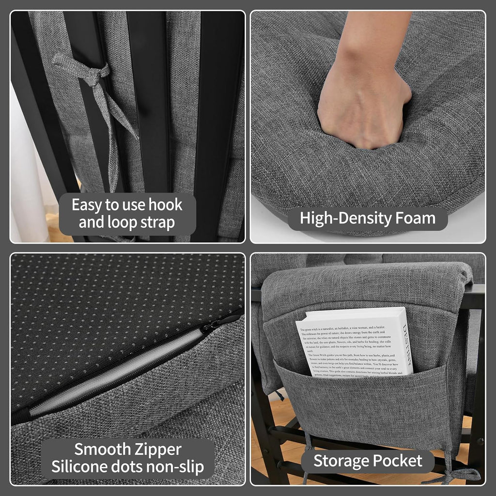 BUYUE Glider Rocker Replacement Cushion 5 PCS with Ties, Linen High-Density Foam Non-Slip & Washable Rocking Chair Pads for Sitting,Gray