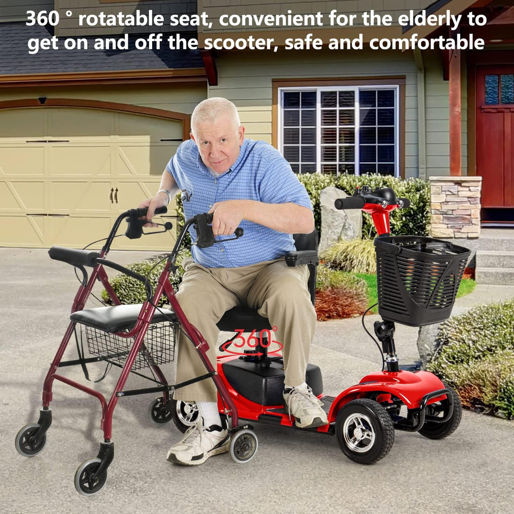 4 Wheel Mobility Scooters for Adults，Collapsible Compact Electric Scooter，Heavy Duty Powered Mobile Wheelchair Device with Lights，Basket and Long-Lasting Battery（Red）
