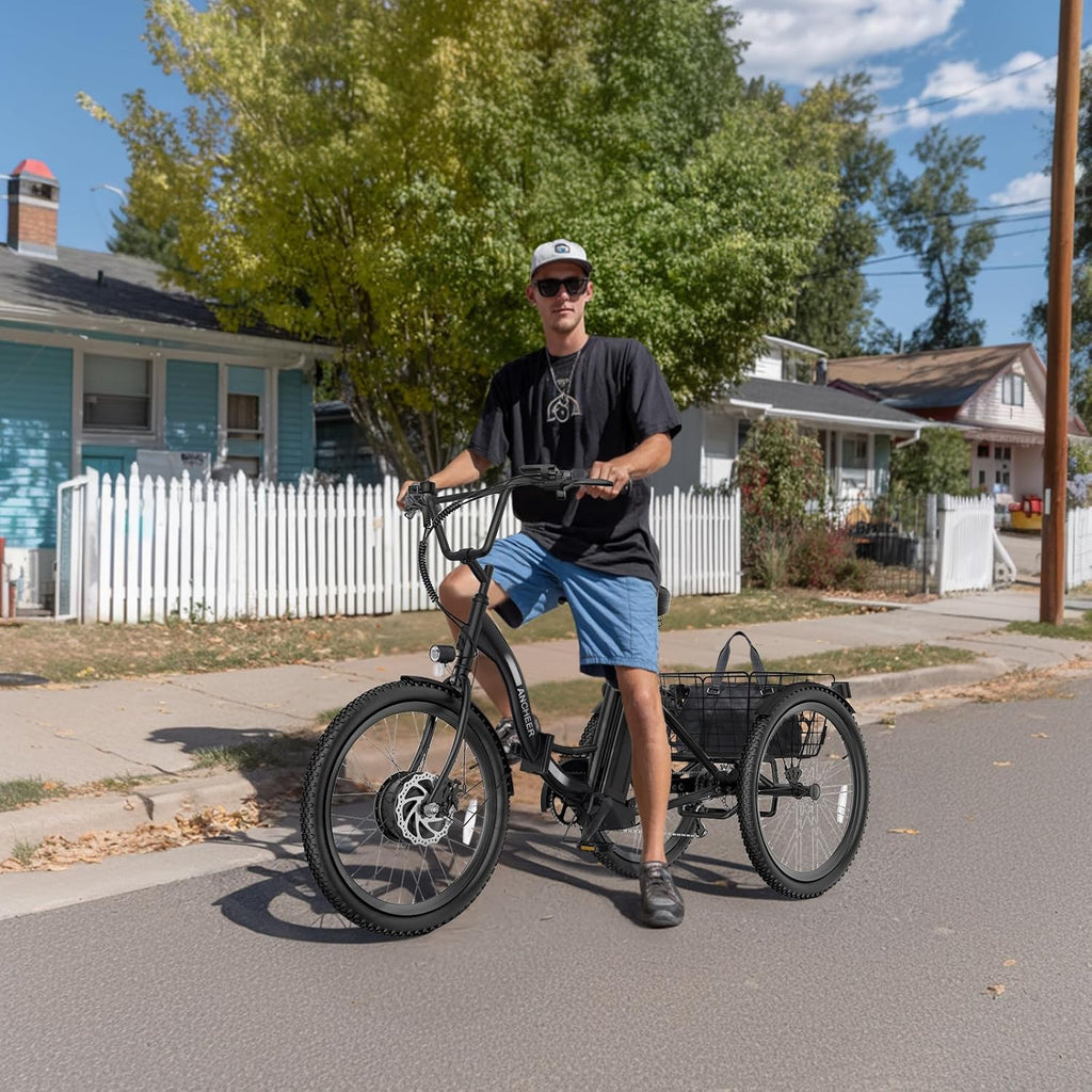 ANCHEER Electric Tricycle for Adults, 350W(Peak 550W) Etrike, 48V/499Wh Ebike, 24' Folding 3 Wheel Electric Trike, 15.5MPH & 55Miles Electric Bike, Rear Differential, Rear Basket