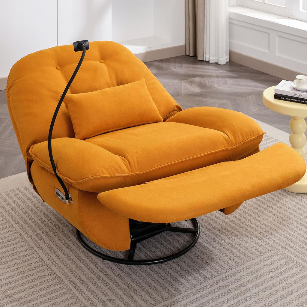 Smart Oversized Electric Recliner Chair, 360° Round Swivel Rocking Glider Rocker Chairs for Adults Modern Comfy Ergonomic Chaise Lounge Indoor, Theater Seating Living Room Reading, Soft Orange Fabric