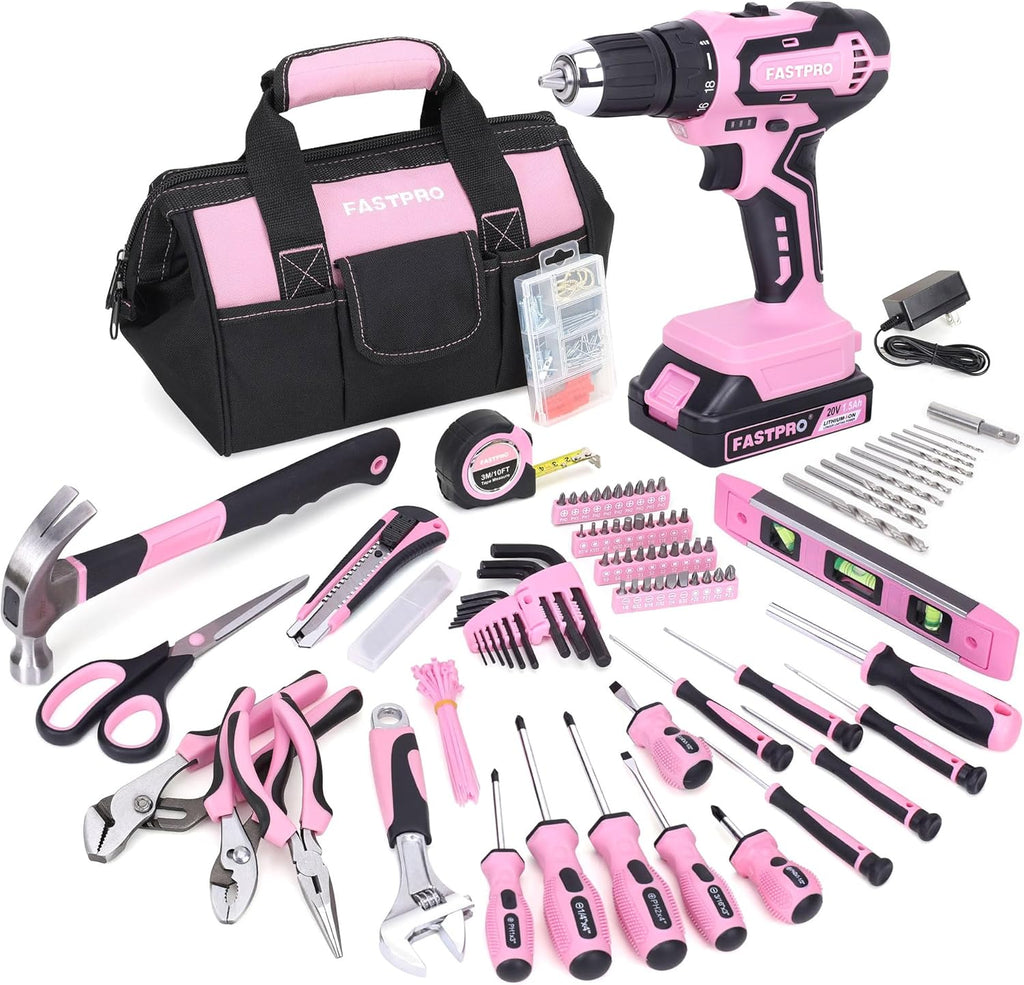 FASTPRO 232-Piece Pink Tool Set with Drill, 20V Cordless Drill Driver and Home Tool Set, Pink Drill Set for Women, Lady's Repairing Kit with 12-Inch Storage Bag, Pink