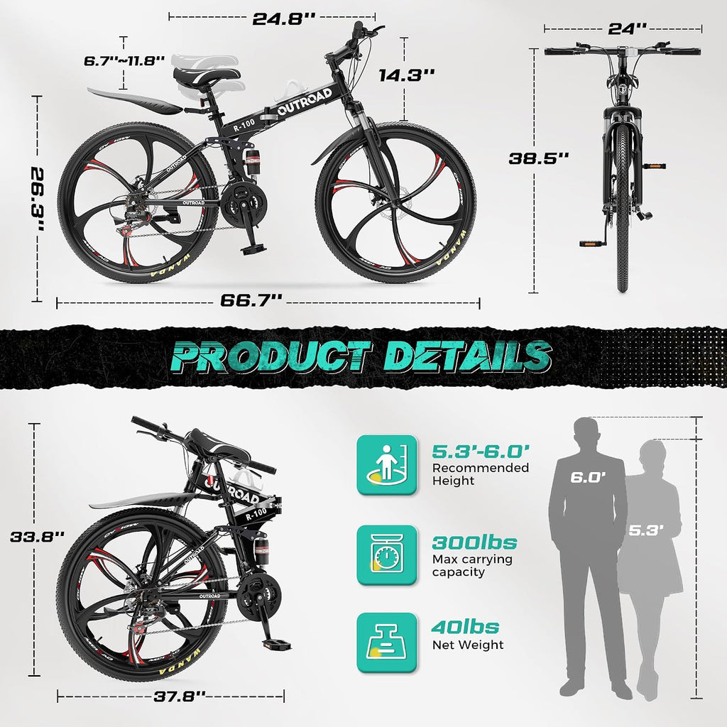 26 Inch Adult Folding Bikes/Mountain Bikes, 21 Speeds Mountain Bicycles with Full Suspension, Dual Disc Brake, High Carbon Steel Frame, Foldable Bike for Men/Women/Teen, Multiple Colors