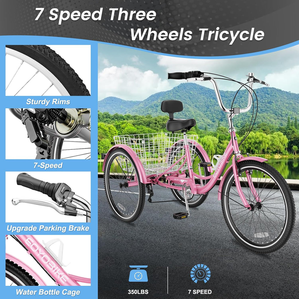Slsy Adult Tricycle 7 Speed, 20/24/26 Inch Step-Through 3 Wheel Bike for Adults with Large Shopping Basket, 350 lb Capacity Adult Trike for Seniors, Women and Men
