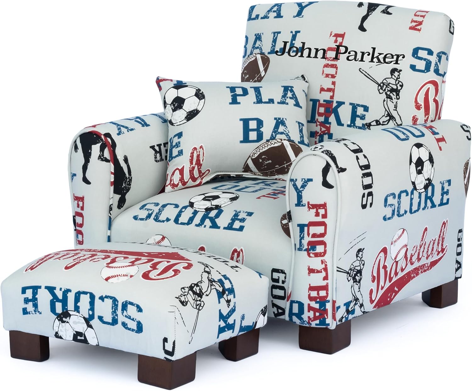 Toddler Personalized Armchair, Kids Upholstered Rocking Chair with Personalization, Toddler Chair with Personalized Name, Comfy Child Armchair (Legs, Sports Print)
