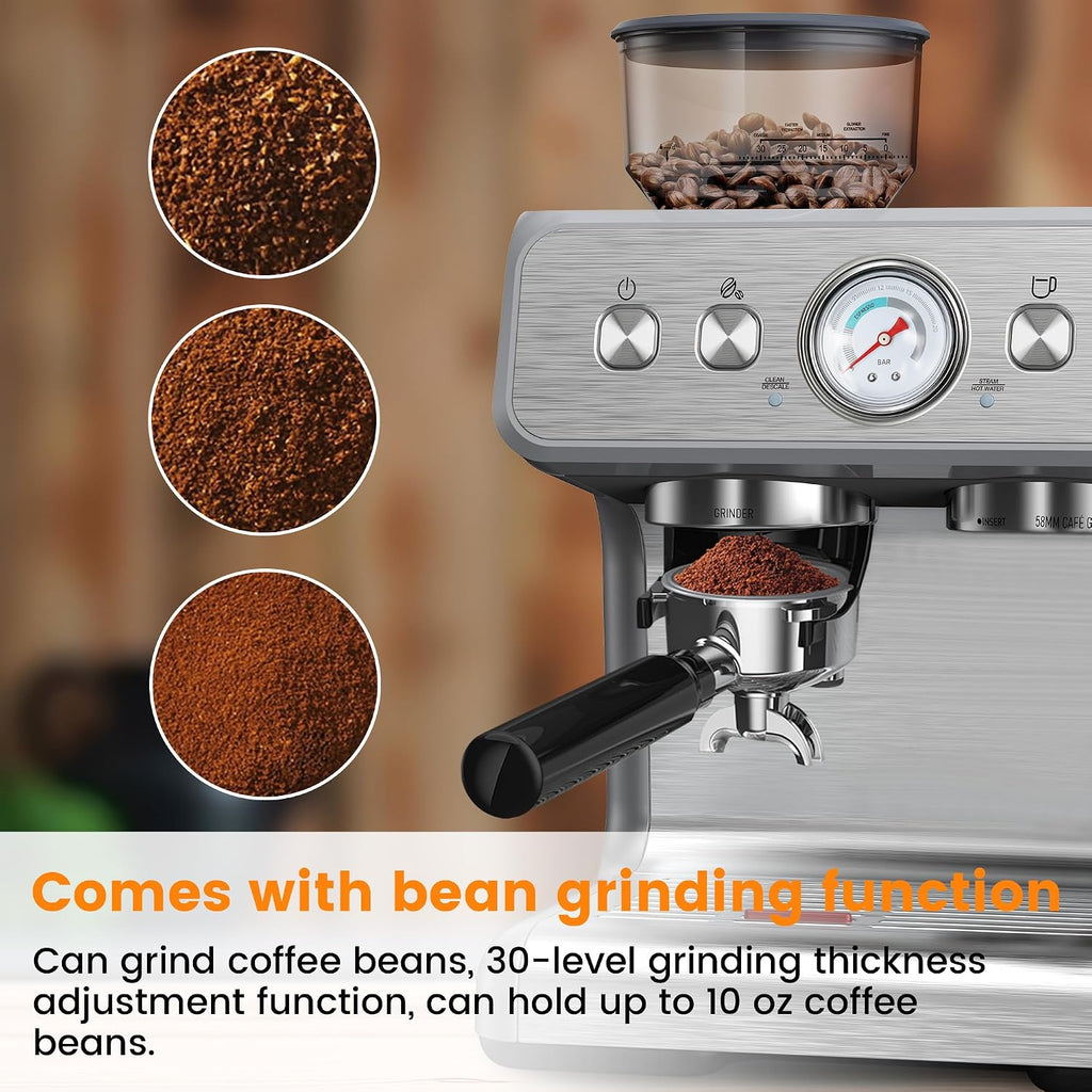 Espresso Machine with Built-in Grinder,Professional 15 Bar Espresso Maker with Milk Frother Steam Wand,Stainless Steel Espresso Coffee Machine with Removable Water Tank for Cappuccino, Latte