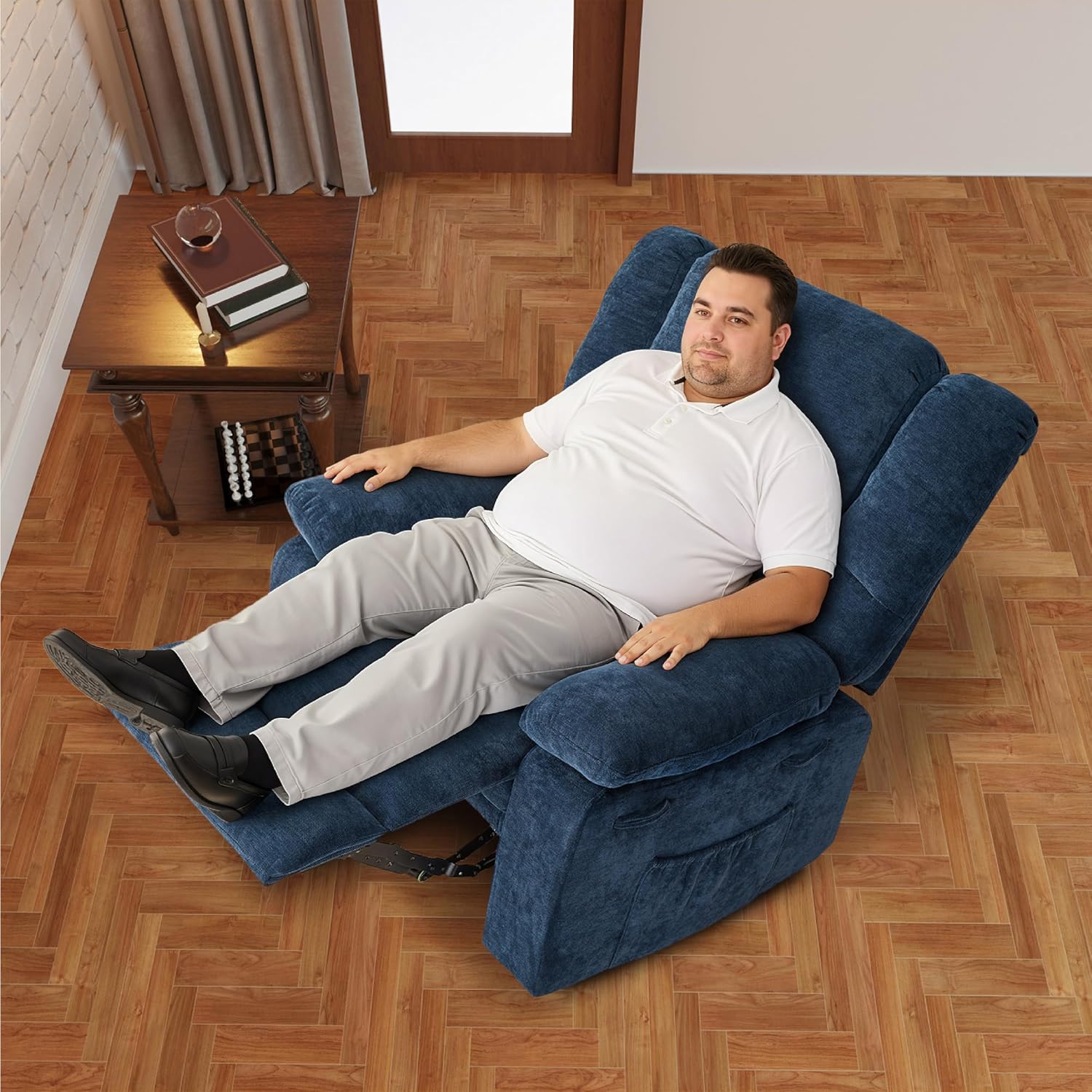 Velvet Rocker Recliner for Adults, Overstuffed Manual Recliner Chair with Spring Cushion, Rocking Chair with Side Pockets, Nursery Glider Recliner Single Sofa for Living Room (Medium, Blue)