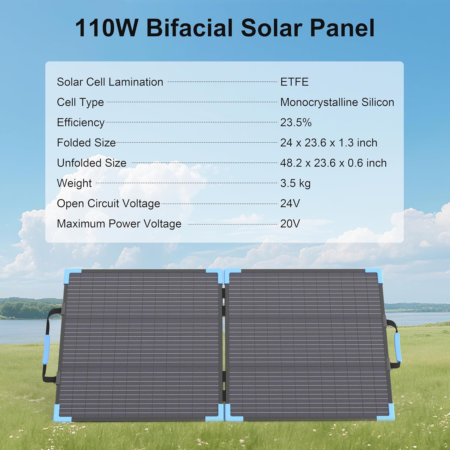 110W Bifacial Portable Solar Panel Suitcase, 23.5% High Efficiency ETFE Foldable Solar Charger for Power Station,IP68 Waterproof 2 Reinforced Kickstands for RV Camping Off-Grid Blackouts