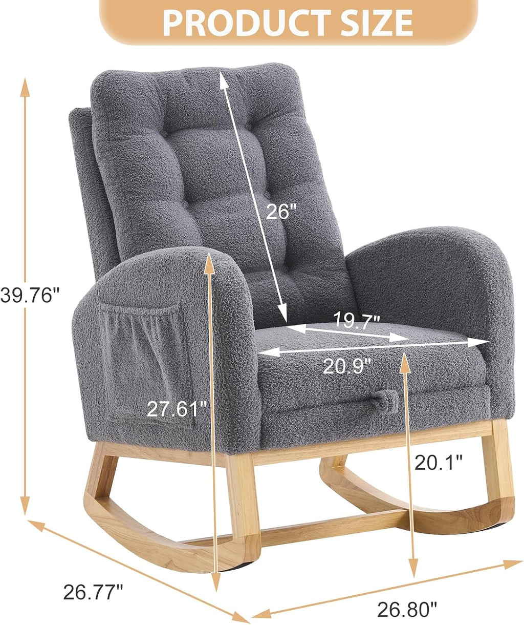 cinkehome Nursery Rocking Chair with Retractable Foot Rest, Teddy Glider Rocking Chair, Mid Century Rocker Chair, High Back, Solid Wood Legs