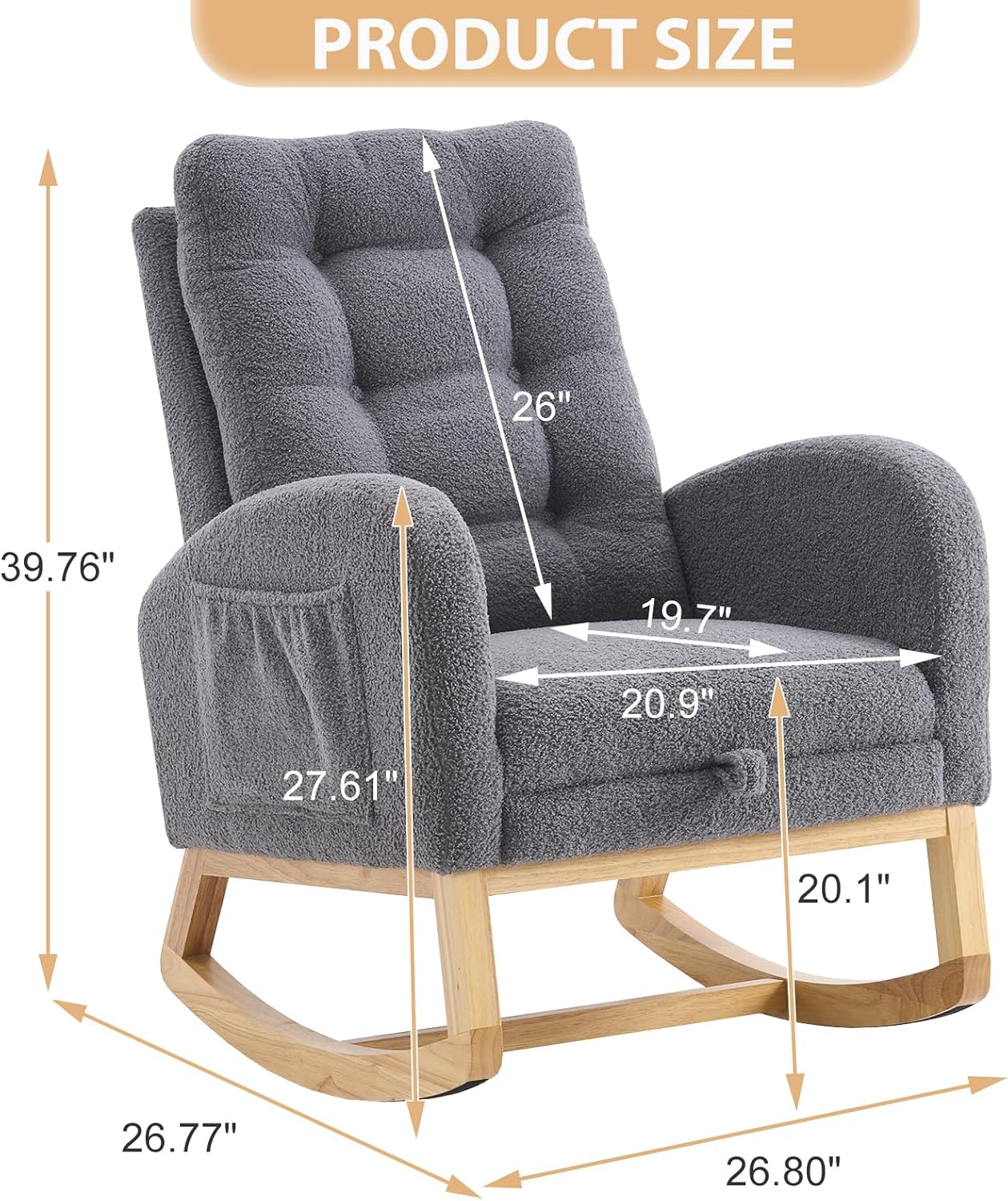 cinkehome Nursery Rocking Chair with Retractable Foot Rest, Teddy Glider Rocking Chair, Mid Century Rocker Chair, High Back, Solid Wood Legs