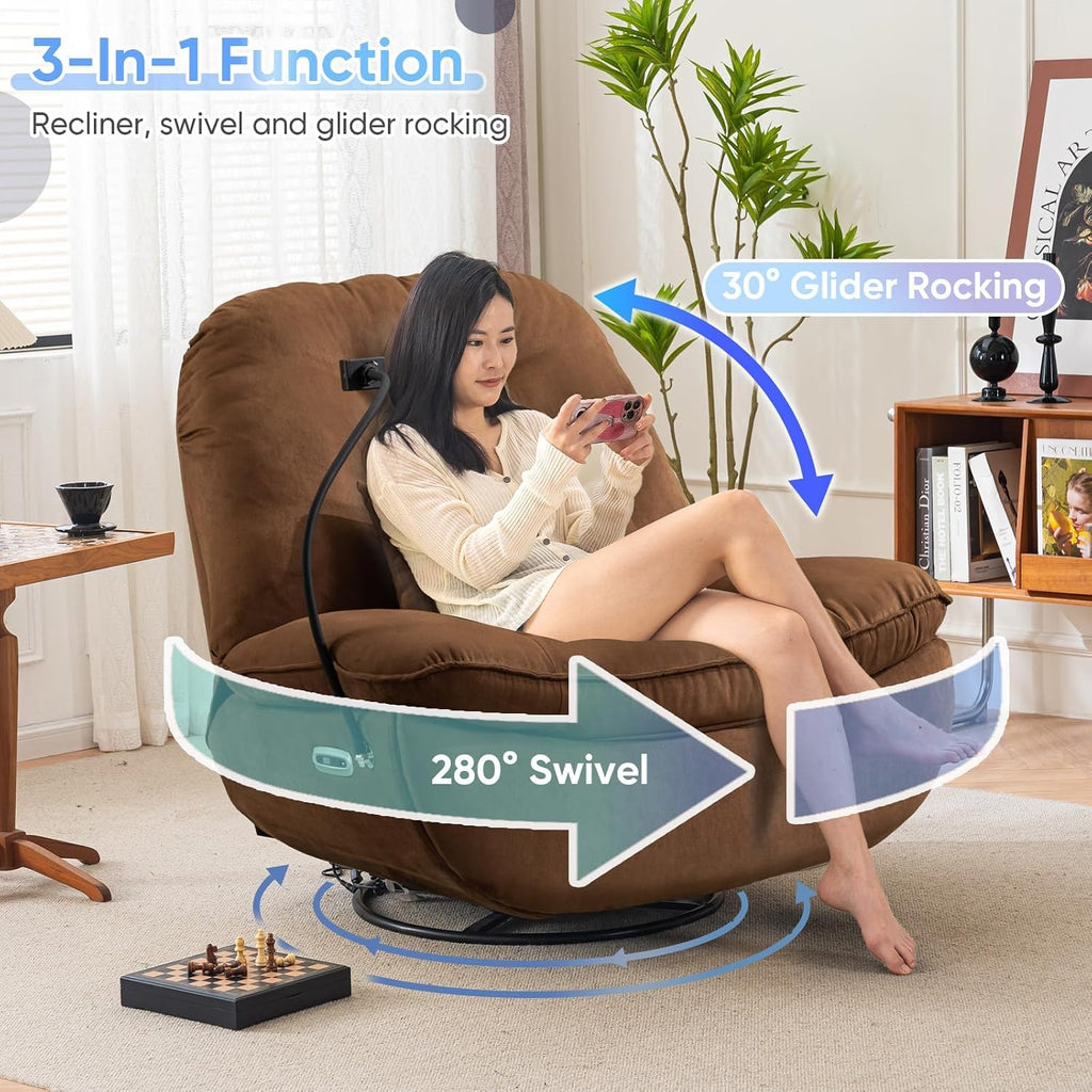 Smart Oversized Electric Recliner Chair, 360° Round Swivel Rocking Glider Rocker for Adults Modern Comfy Ergonomic Chaise Lounge Indoor, Theater Seating Living Room Chairs Reading, Dark Brown Fabric