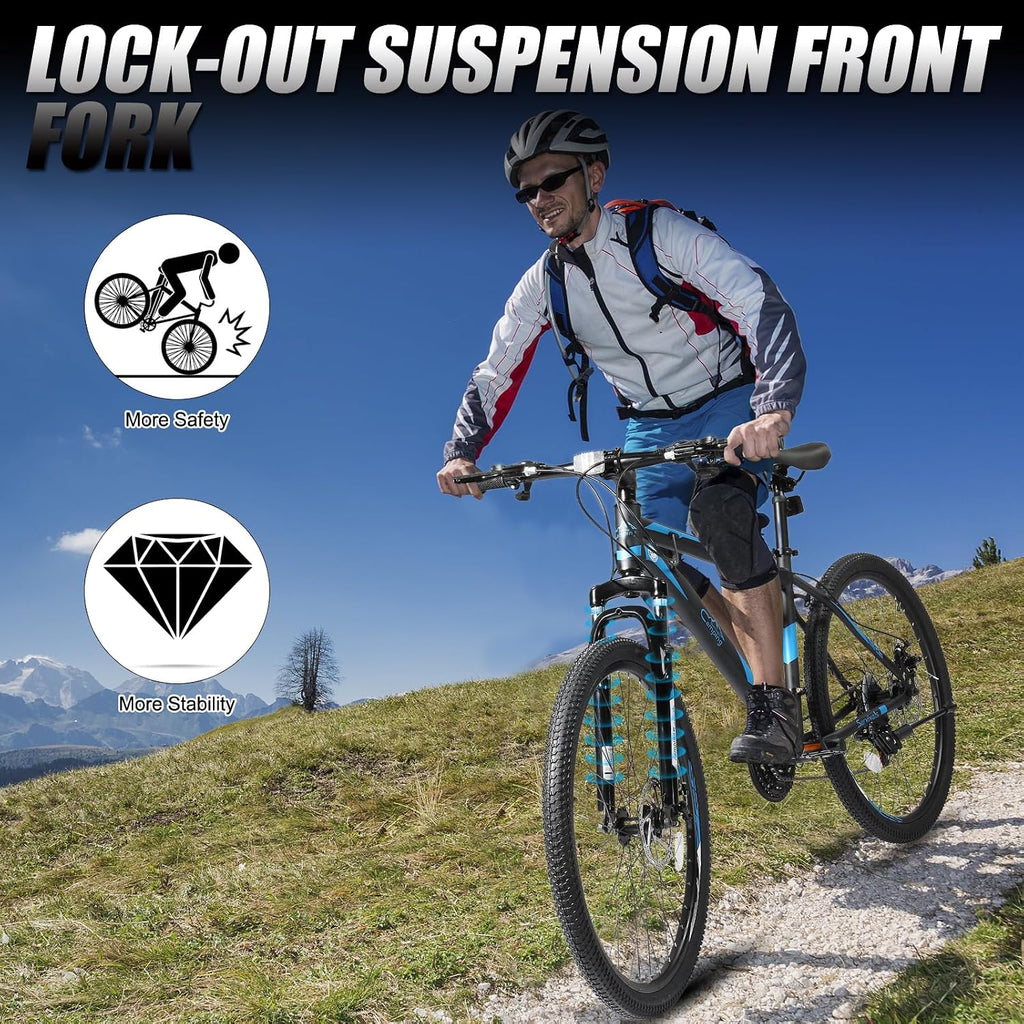 CamPingSurvivals 26/27.5' Mountain Bike 21 Speed Bikes for Adults, Men & Women Mountain Bike with High Carbon Steel Frame, All-Terrain Tires, Double Disc Brake and Suspension Fork