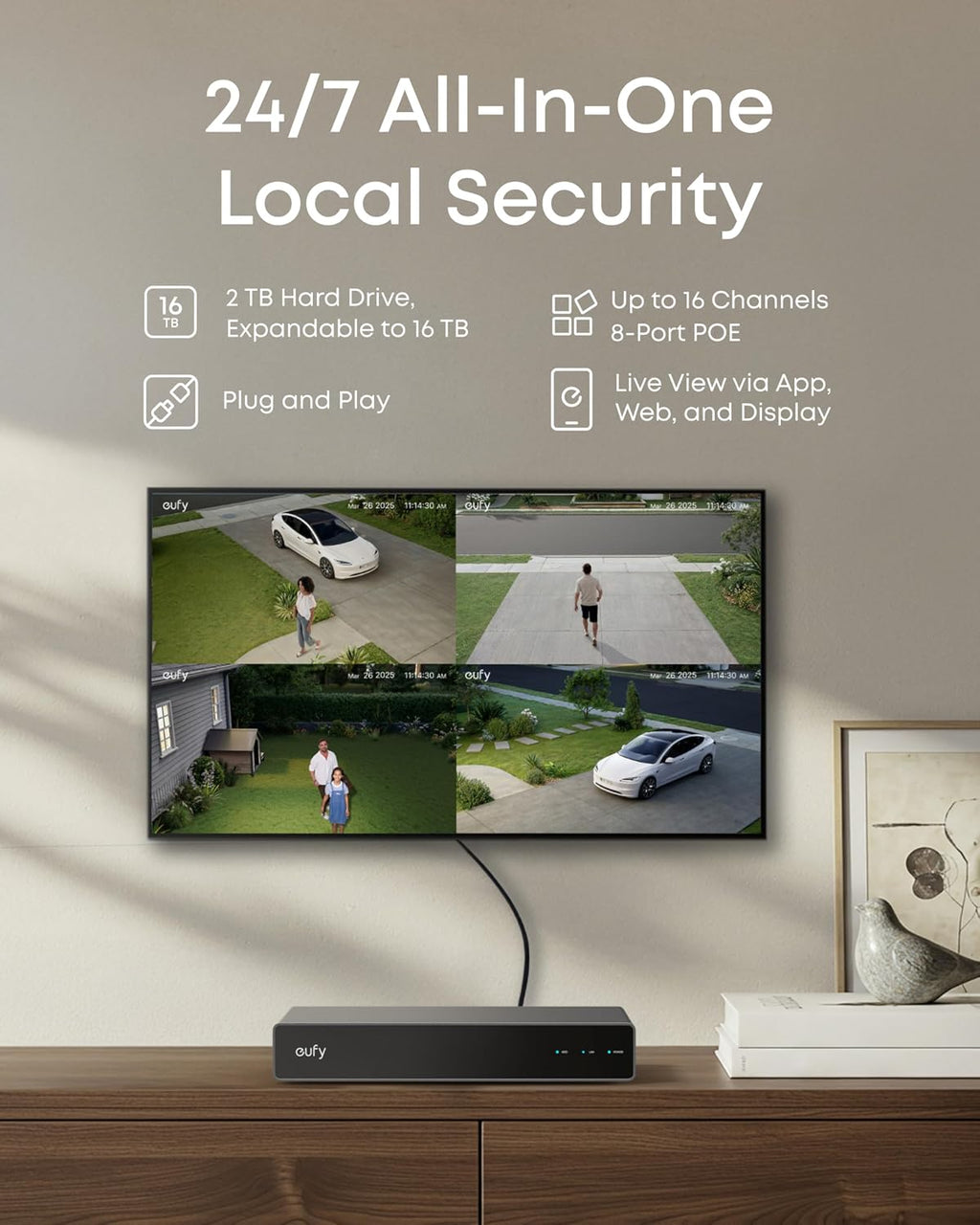 eufy 4K NVR Security Camera System S4 Max, Power Over Ethernet, Wired, 24/7 Recording, Triple Lens Bullet-PTZ Cam, 360° PTZ, Up to 16CH, Cross-Cam Tracking, 8× Auto Zoom, Smart Video Search, 2TB HDD
