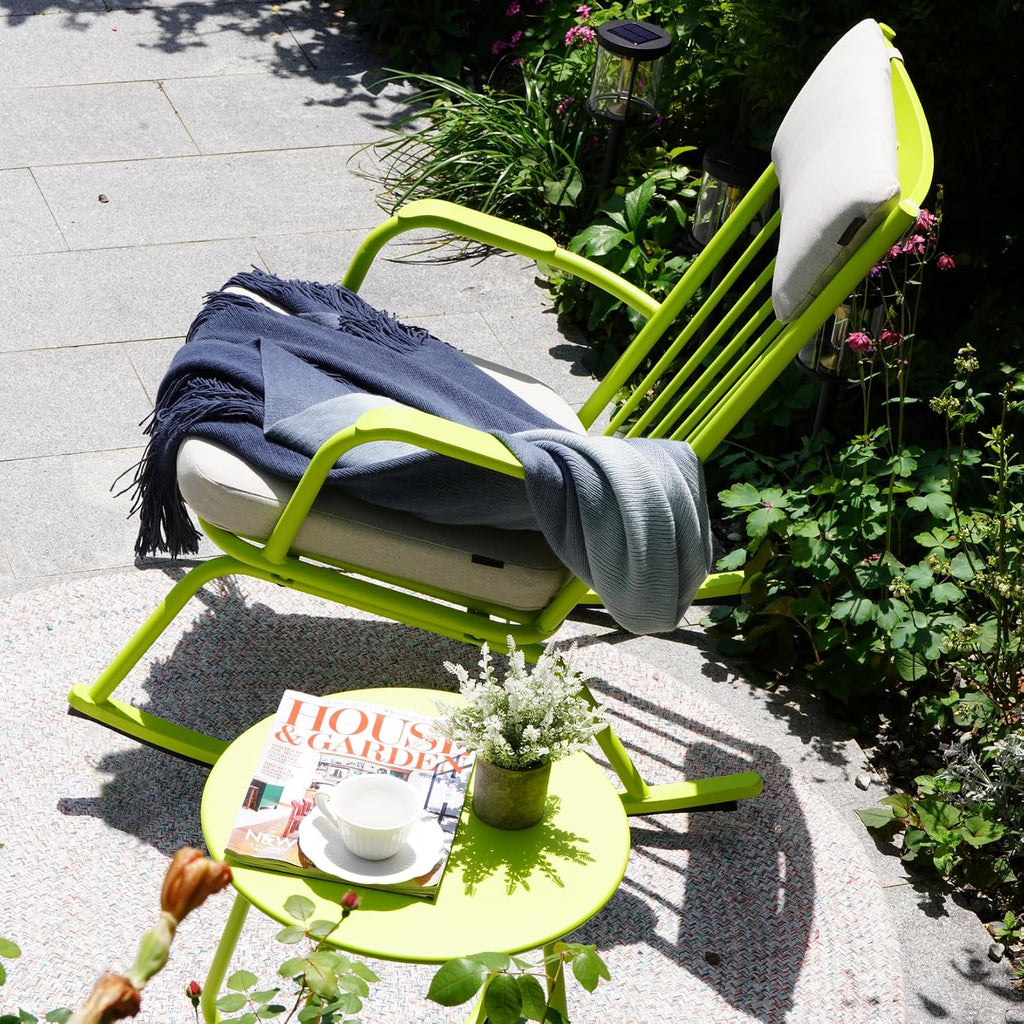 Grand patio Rocking Chair Outdoor, Bistro Table and Chairs Set, Steel Rocking Chairs with Cushions and 18-inch Coffee Table, Outdoor Bistro Set for Patio Porch Deck, Lime Green