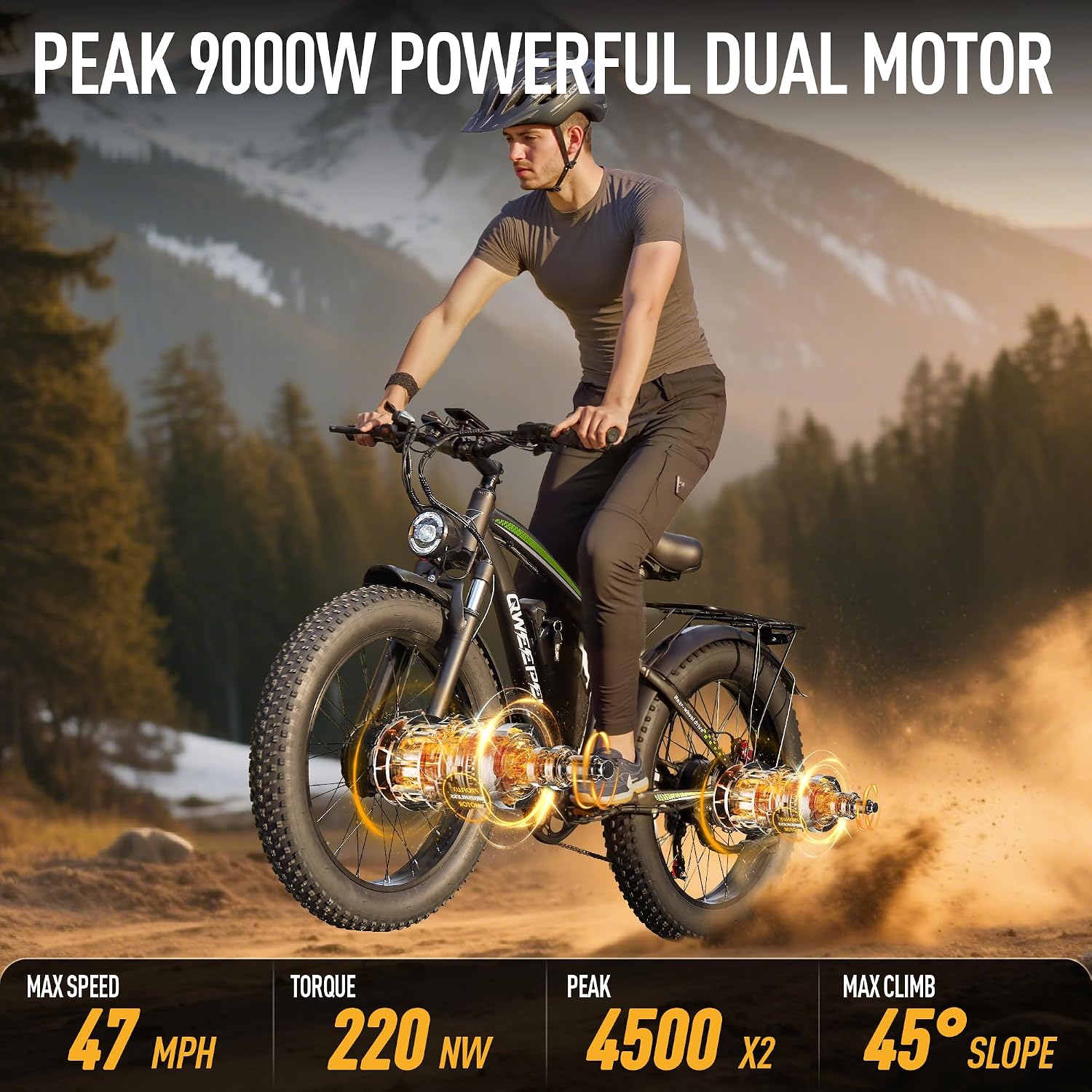 Peak 9000W Dual Motor Ebike - Ebike for Adults 58V Max-Output 36AH Battery 47MPH Fast Electric Bike 105 Miles 7-Speed 24' Fat Tire EBike for Mountain