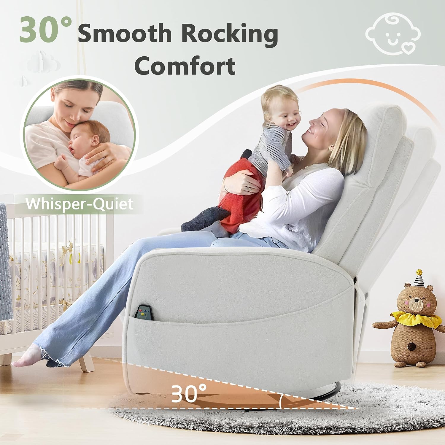 cinkehome Heated Massage Swivel Rocker Recliner Chair for Nursery - Small Space Reclining Chair with Lumbar Support, 360° Swivel & Gentle Rocking, Ergonomic High Back Short Plush Cream White