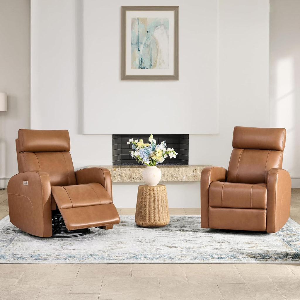 CHITA Genuine Leather Power Recliner Chair for Adults, FSC Certified Electric Nursery Swivel Glider for Living Room, Camel Brown