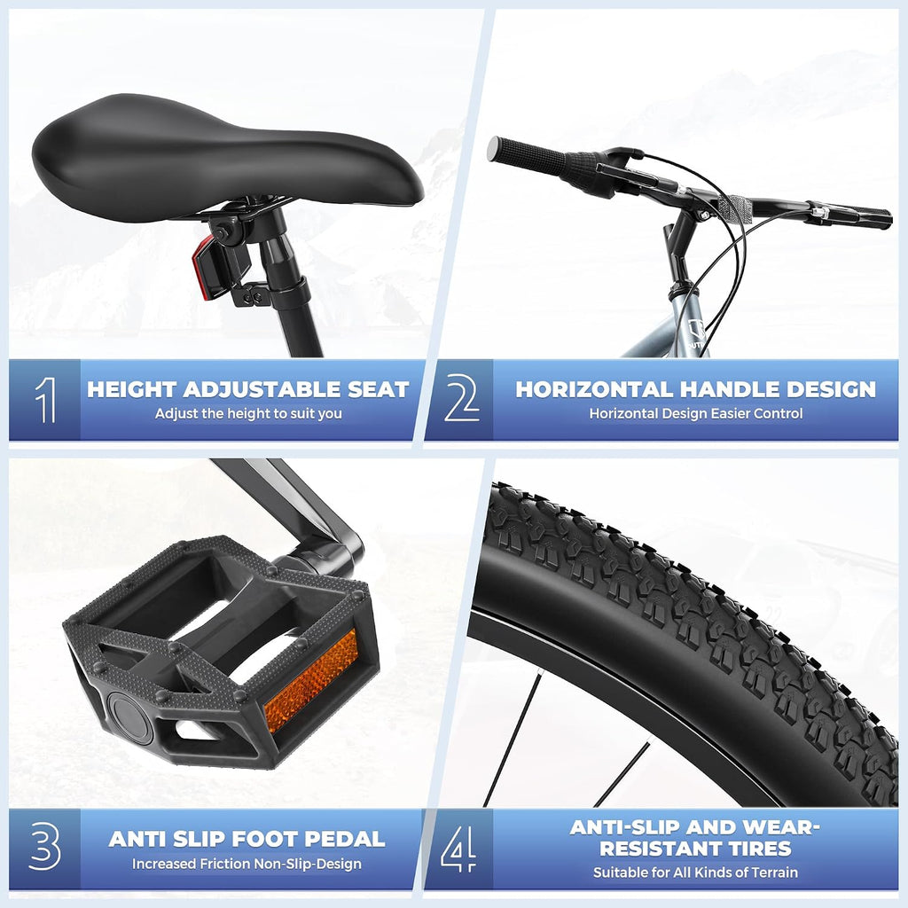 Outroad 26 Inch Mountain Bike, 7/21-Speed/High-Carbon Steel/Aviation Grade Frame, Dual Disc/V Brake, Adjustable Ergonomic Seat Bicycle for Men Women Adult, Quick Assembly in 20 Minutes